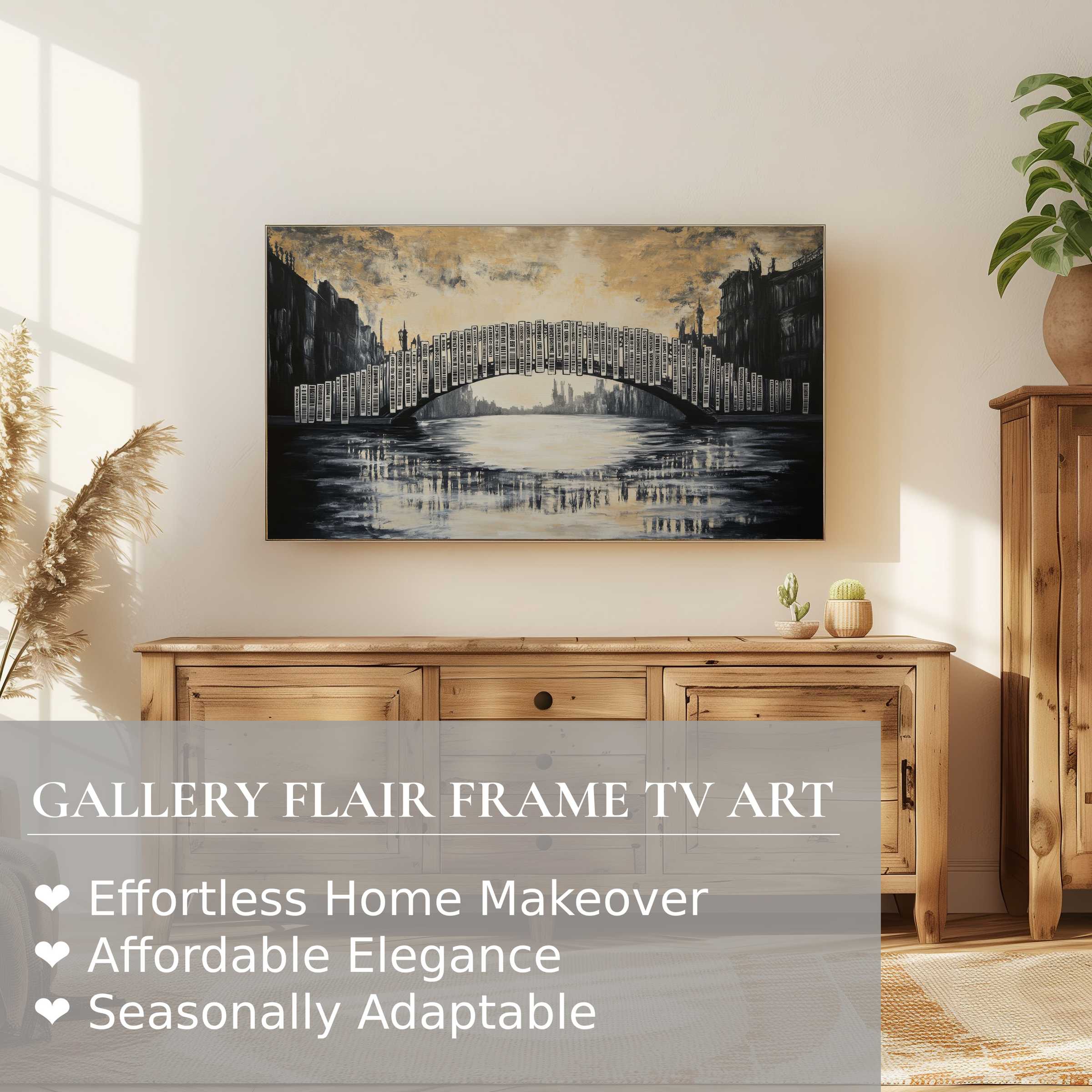 Samsung Frame TV displays elegant street art digital artwork in a serene, modern home setting with natural wood tones