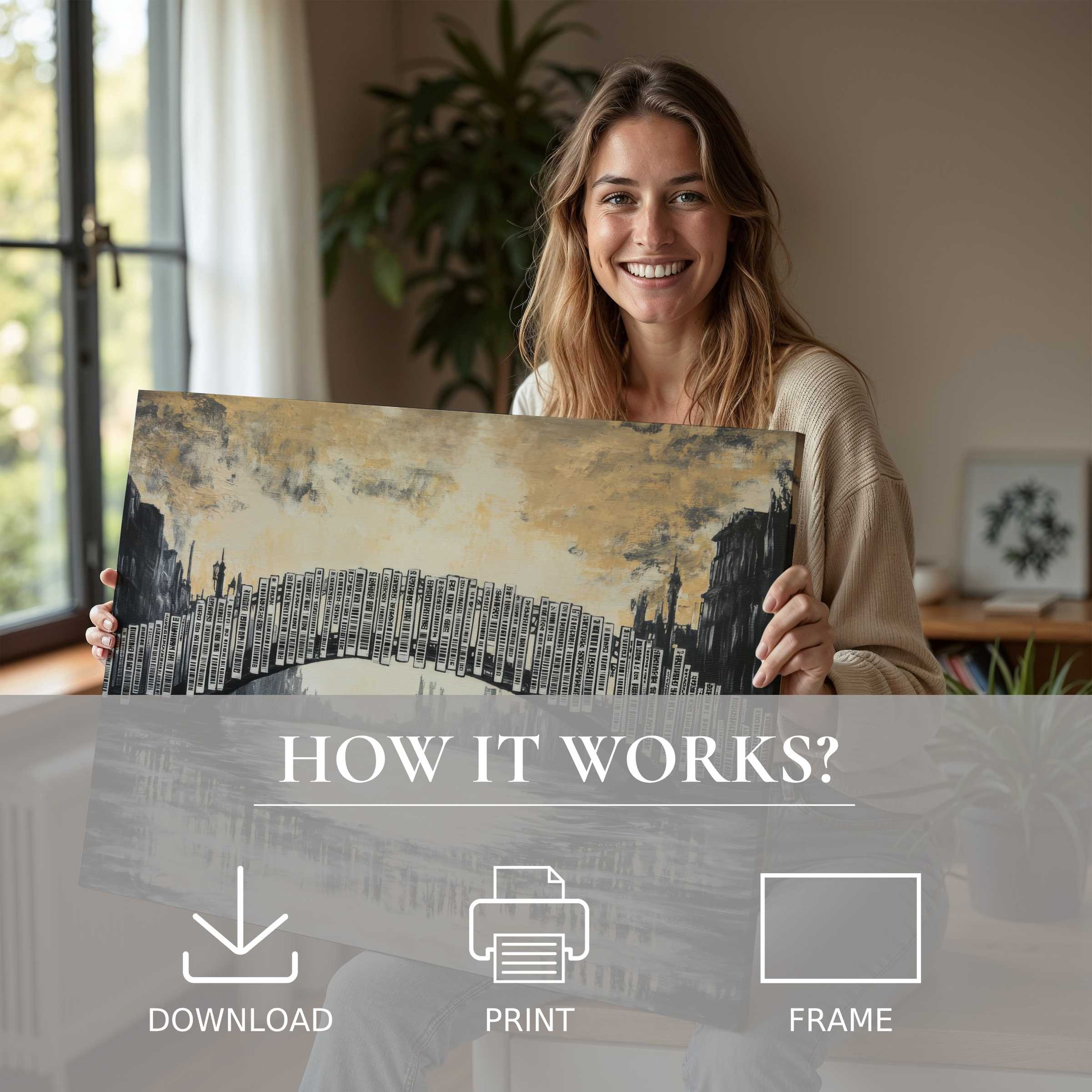 Woman in serene, stylish home shares a street art digital art print, embodying joy and effortless elegance in living with art