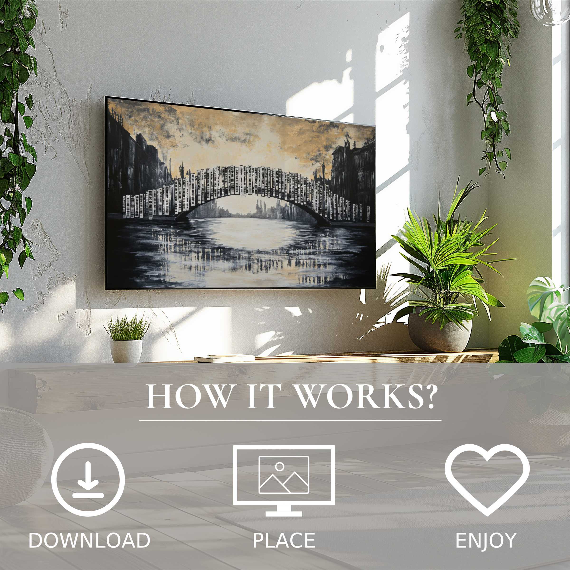 Modern living room with street art for Samsung TV, featuring a digital download of a moody cityscape bridge motif