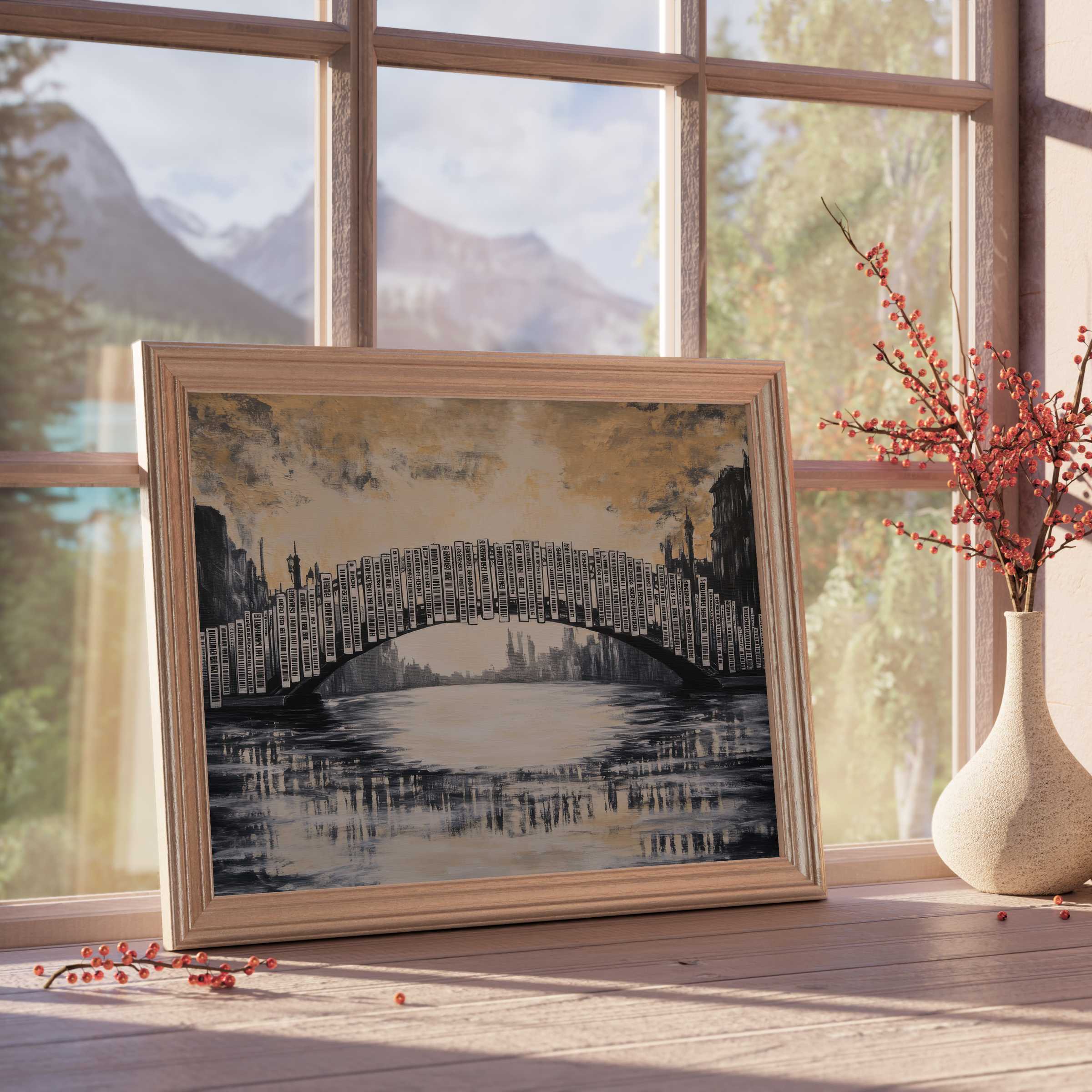 Elegant street art downloadable art featuring a serene cityscape bridge, enhancing calm, curated interiors with warm, timeless urban charm