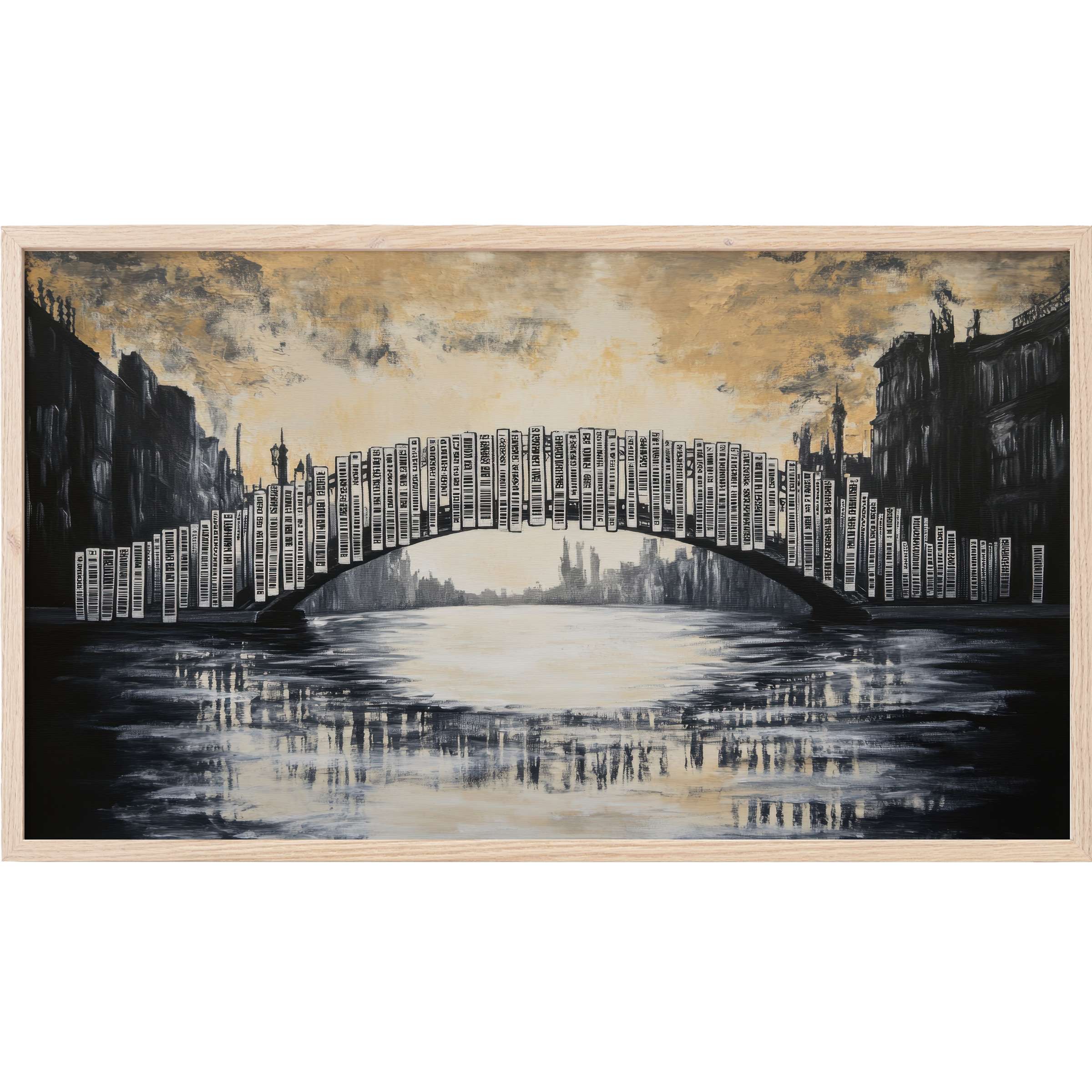 Monochrome urban bridge silhouette with golden sky and barcode details, a sleek street art Frame TV Art piece