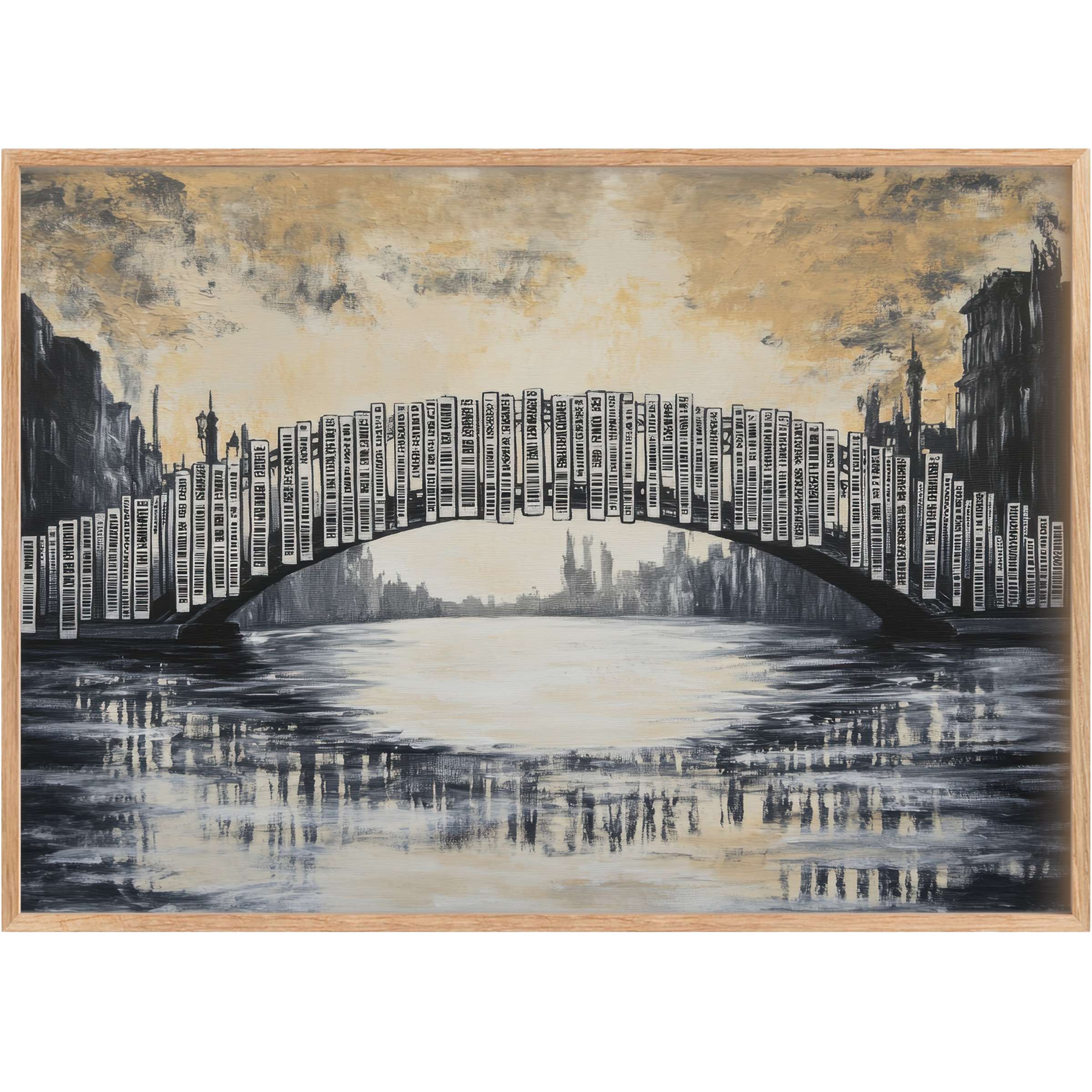Monochrome street art printable wall art depicting a bridge of books over reflective water, radiating thoughtful, vintage-inspired elegance