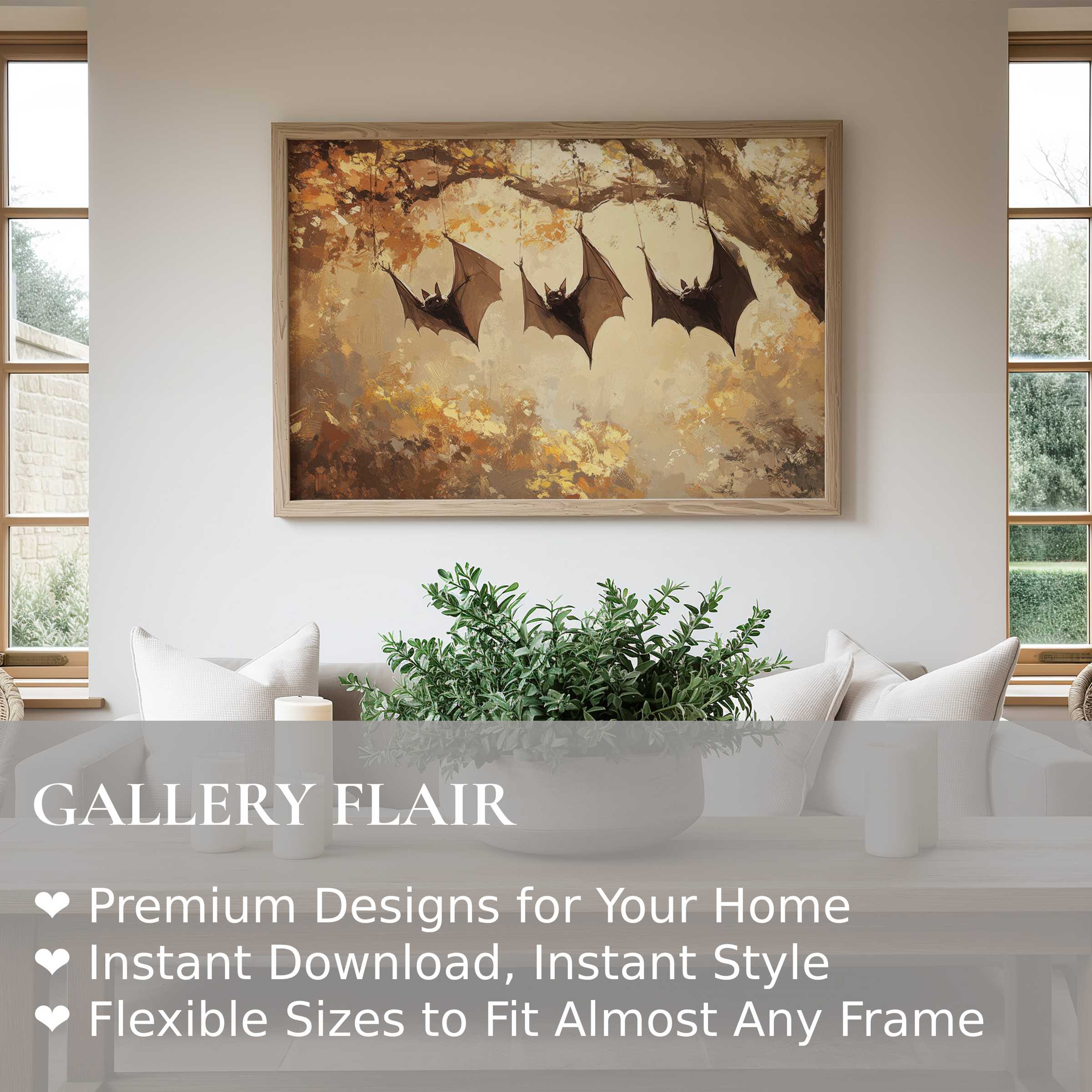 Halloween wall art print featuring whimsical bats in warm autumn tones, enhancing modern minimalist interiors with cozy, seasonal charm