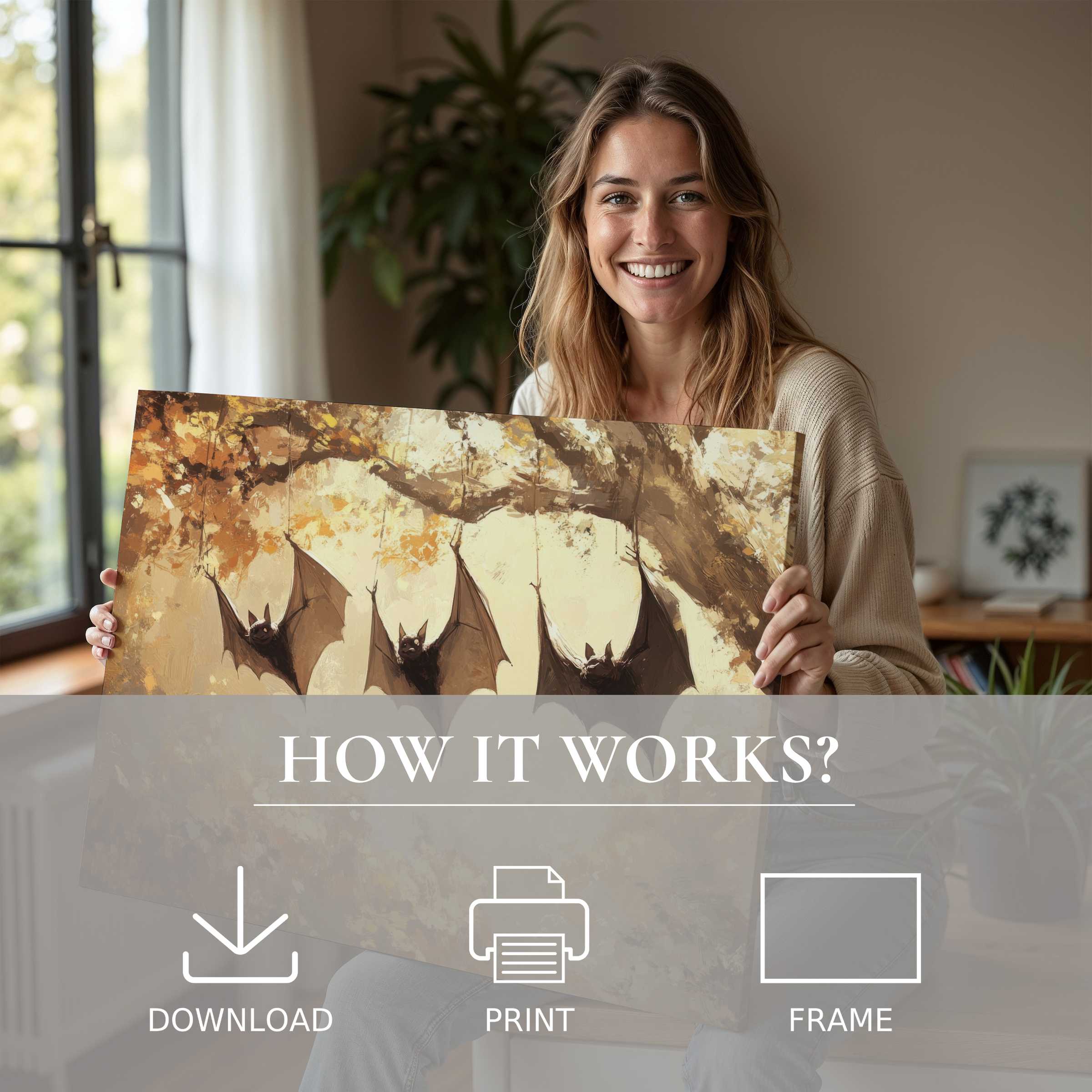 A warm moment of serene connection as a woman embraces Halloween digital art print, inviting joy into modern home style