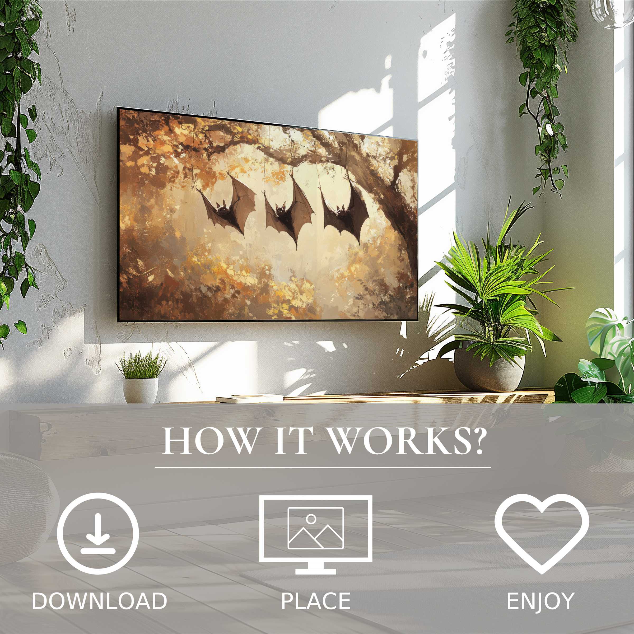 Modern living room with easy digital download; halloween art for Samsung TV featuring warm autumn bats motif