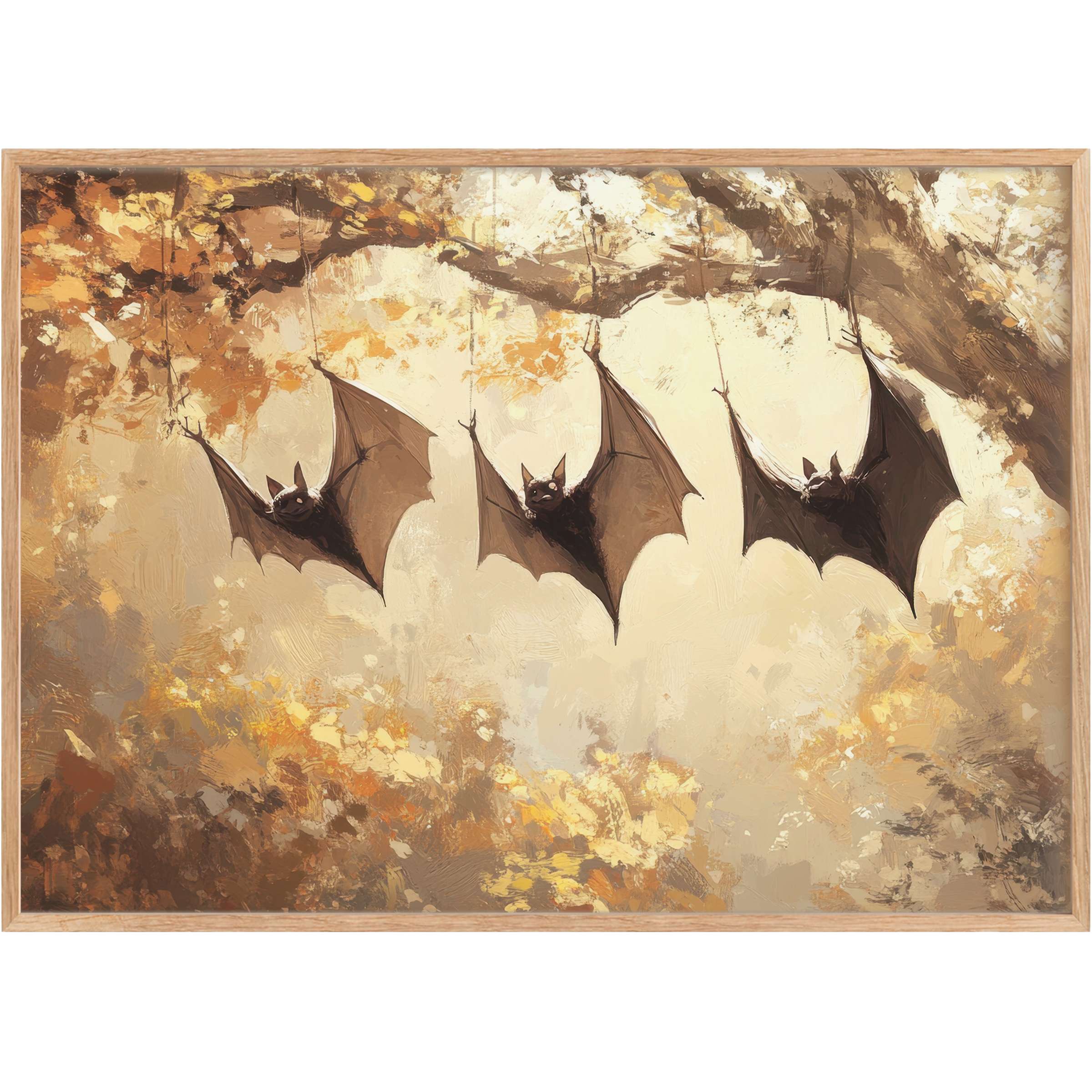 Elegant halloween printable wall art with three bats under a golden autumn canopy, evoking a warm, mysterious ambiance