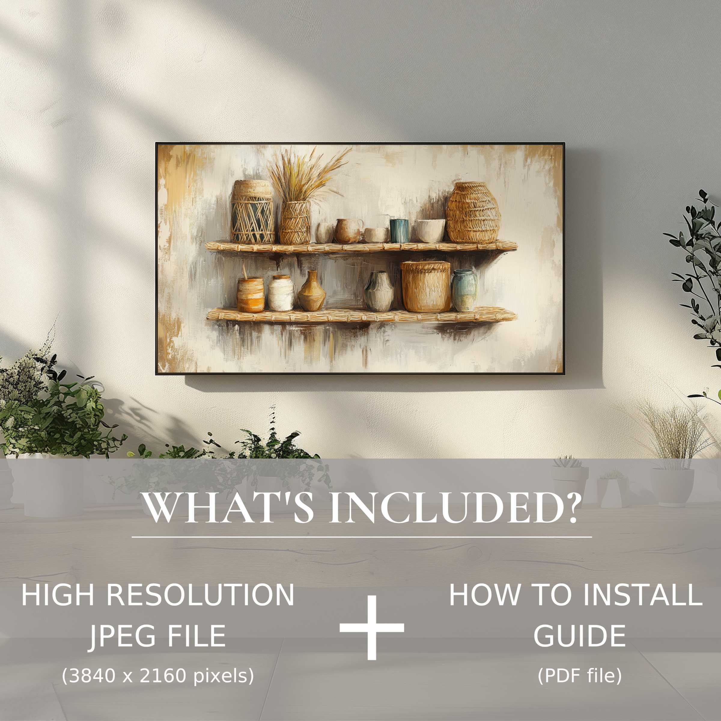 Elegant boho digital TV art download showcasing warm textures, effortlessly enhancing stylish living spaces with easy digital use
