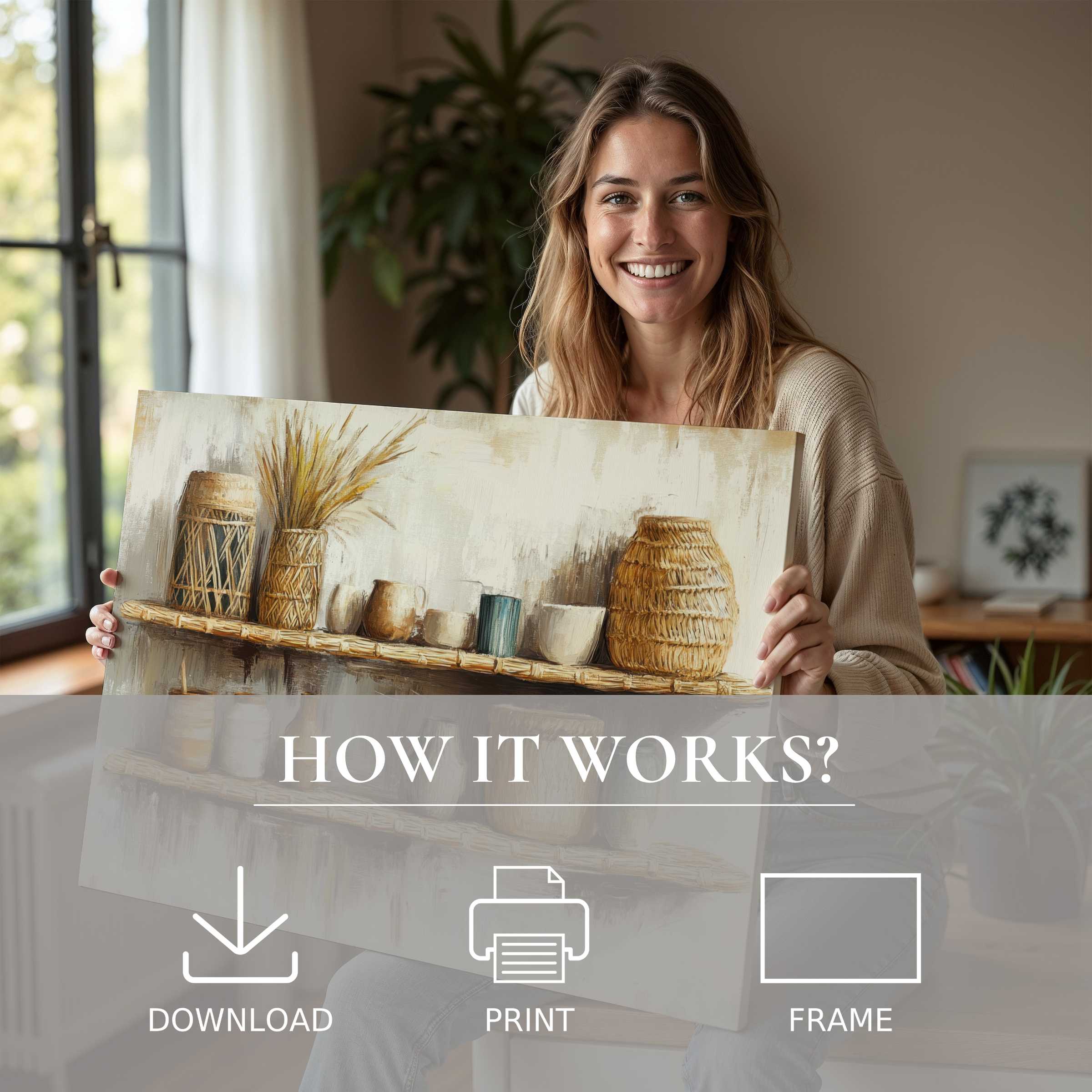 Radiant woman in a serene, stylish home sharing boho digital art print, embodying effortless elegance and joyful connection with art