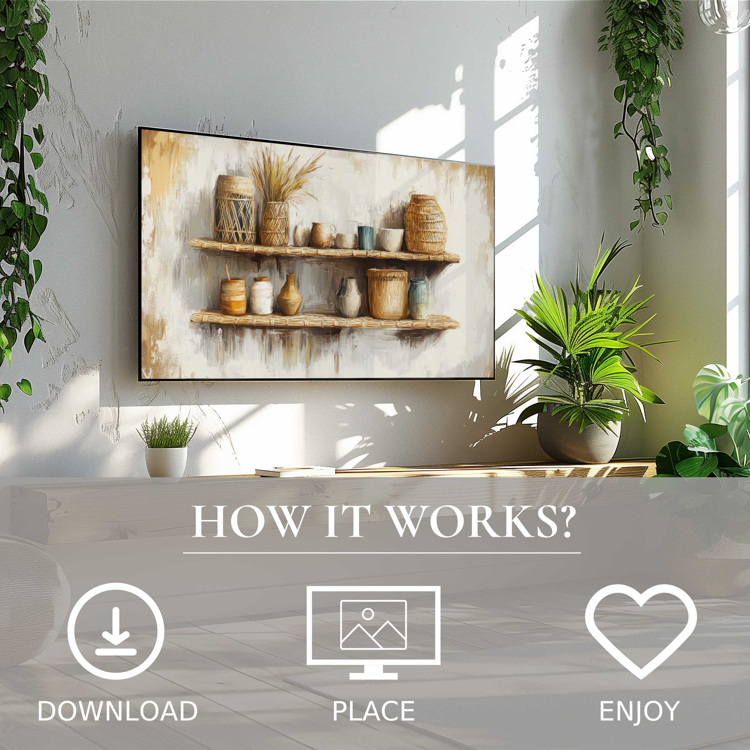 Boho art for Samsung TV shows warm neutral tones with rustic pottery, easy digital download enriches modern living spaces