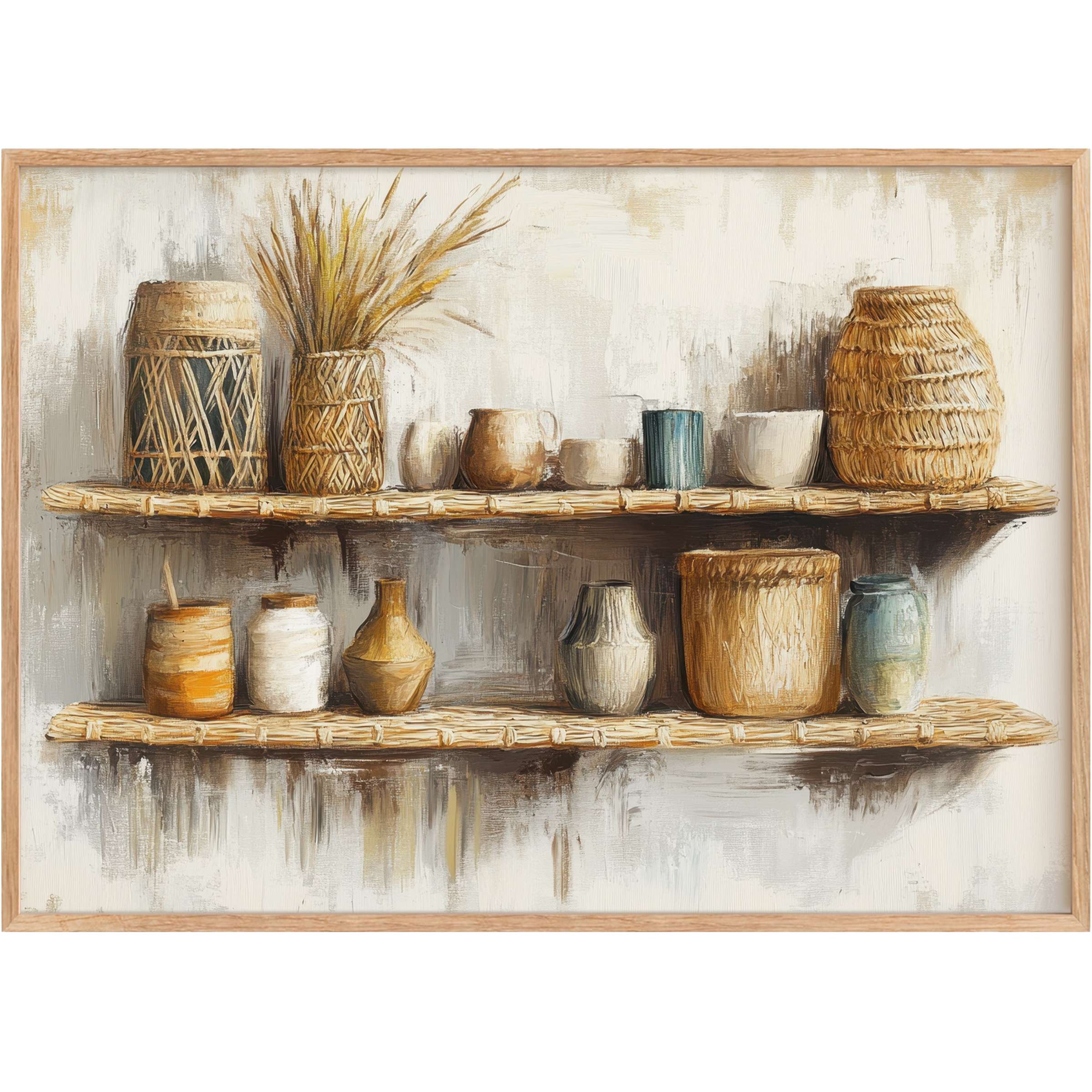 Boho printable wall art featuring earthy wicker and pottery in warm tans and soft blues, evoking a serene, sunlit sanctuary
