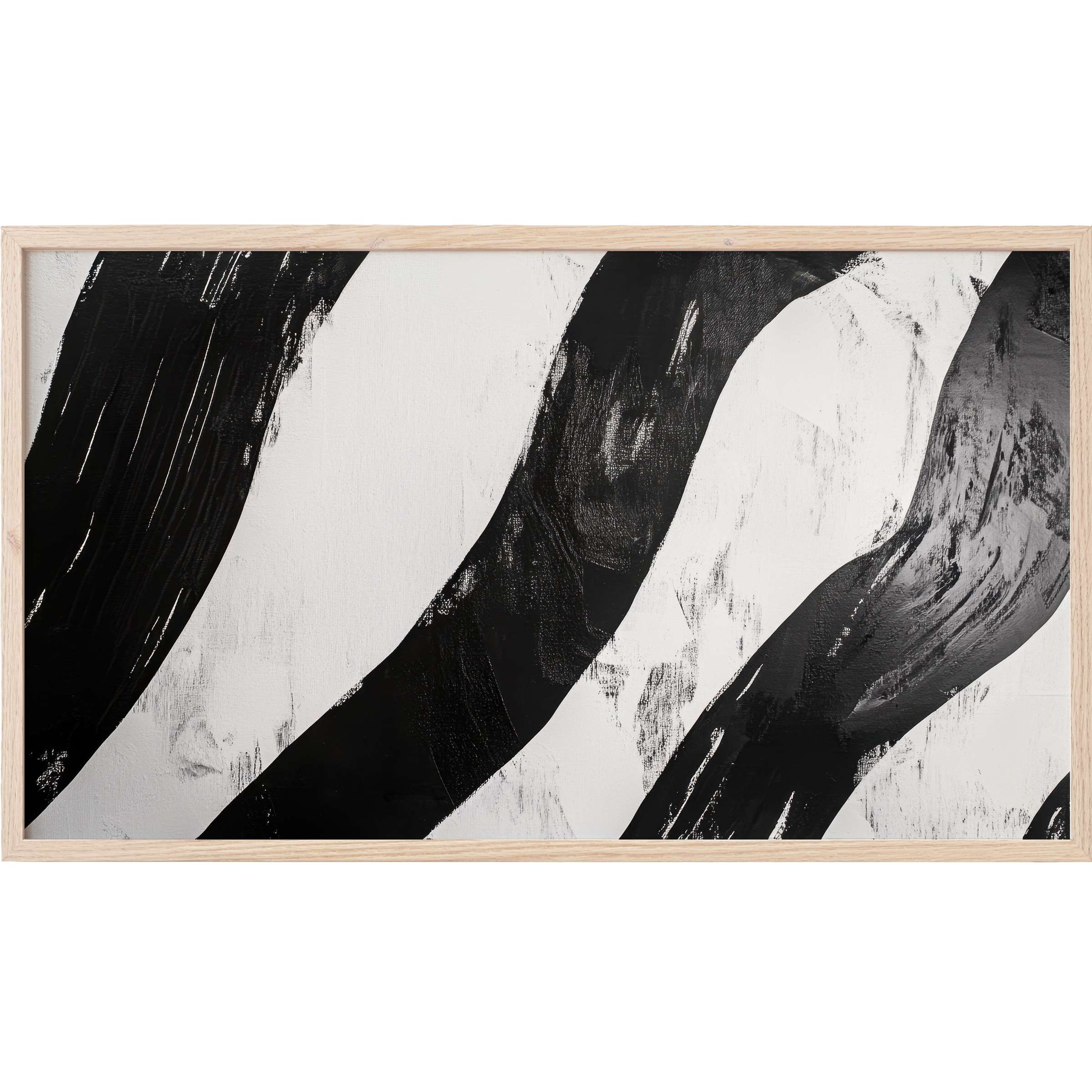 Abstract black and white brushstrokes in a minimalist natural wood frame, perfect black and white Frame TV Art