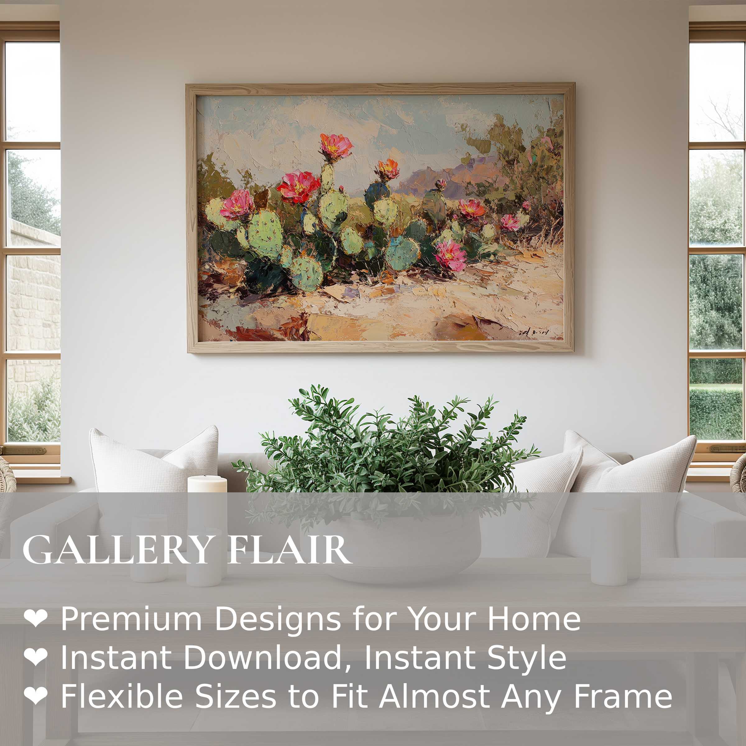 Botanical wall art print of vibrant blooming cacti in a textured, radiant desert scene, enhancing modern minimalist interiors with natural warmth