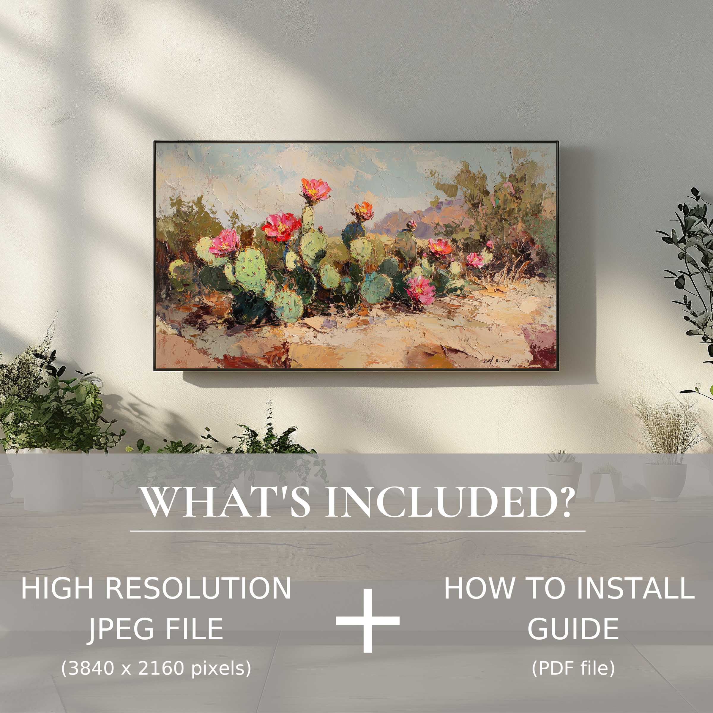 Elegant living room features botanical digital TV art download with easy digital use to uplift any space
