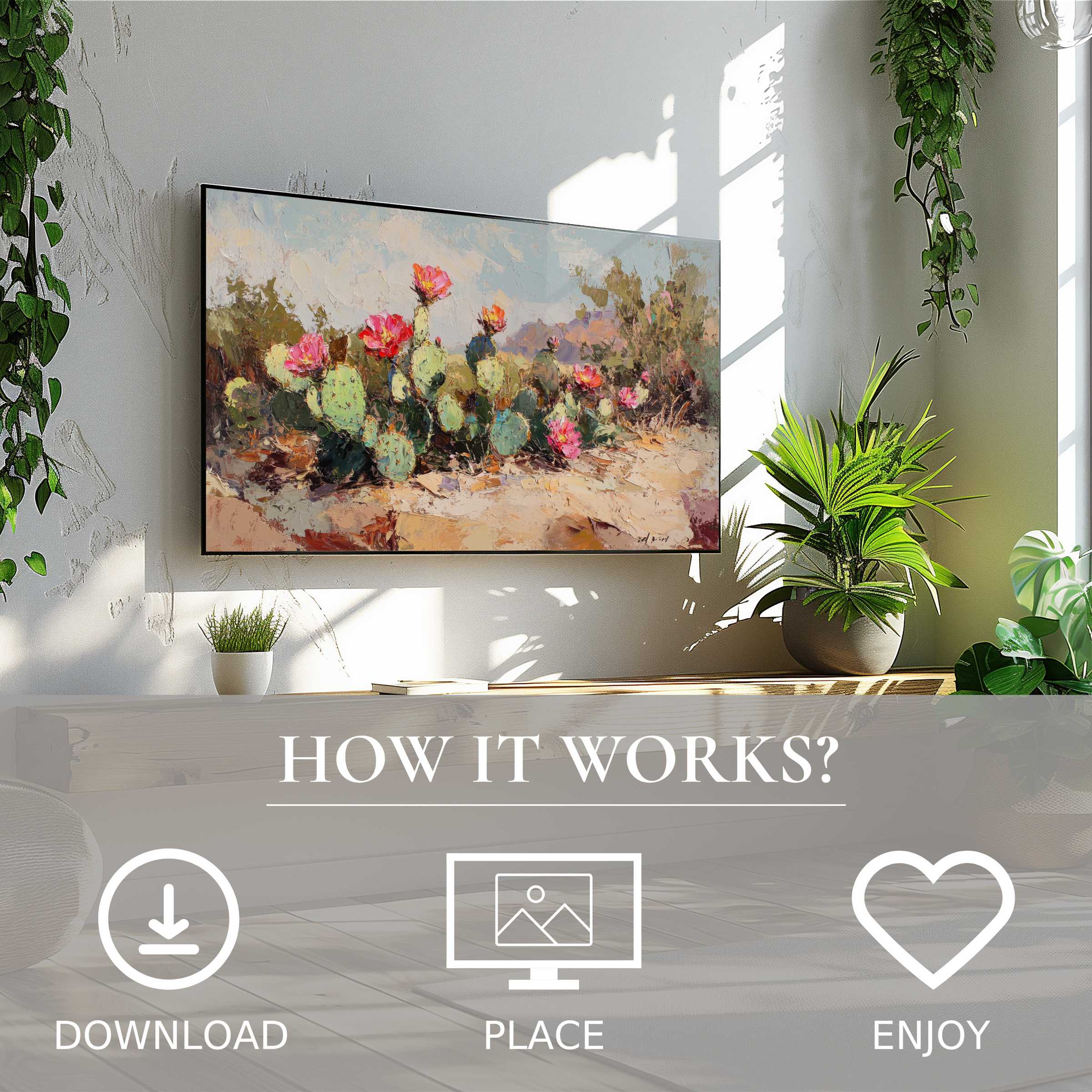 Botanical art for Samsung TV shows warm desert hues with blooming cacti; easy digital download enriches modern living spaces