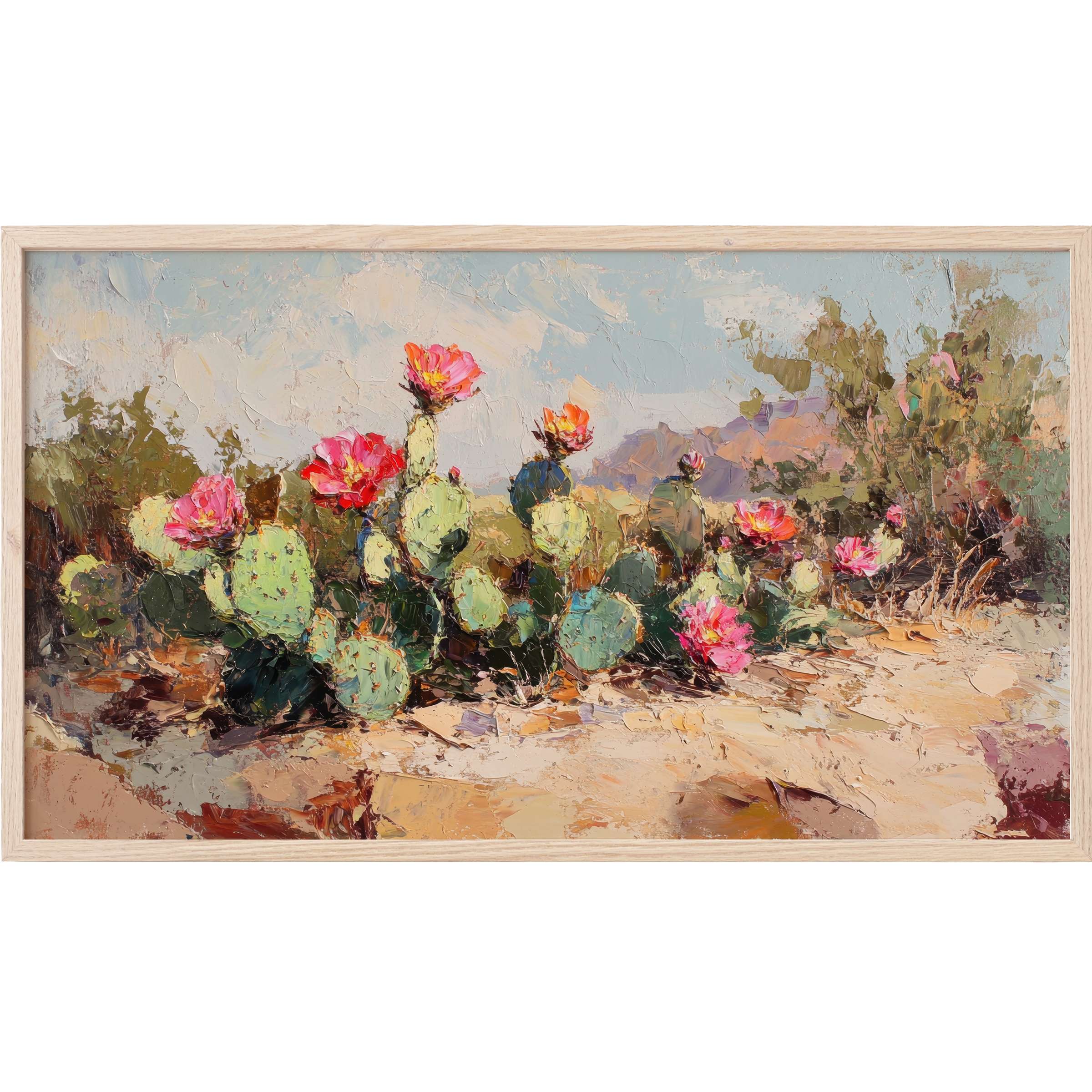 Textured oil painting of blooming cacti in soft earth tones with pinks and greens, botanical Frame TV Art