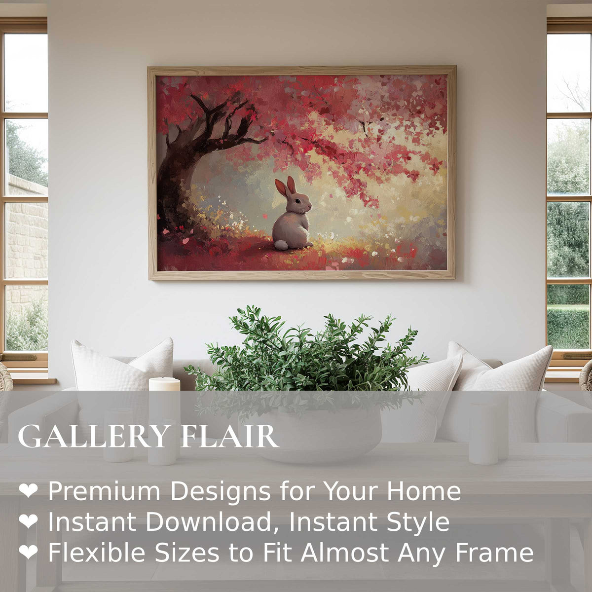 Easter wall art print featuring a serene bunny beneath radiant cherry blossoms, enhancing modern minimalist interiors with soft, calming charm