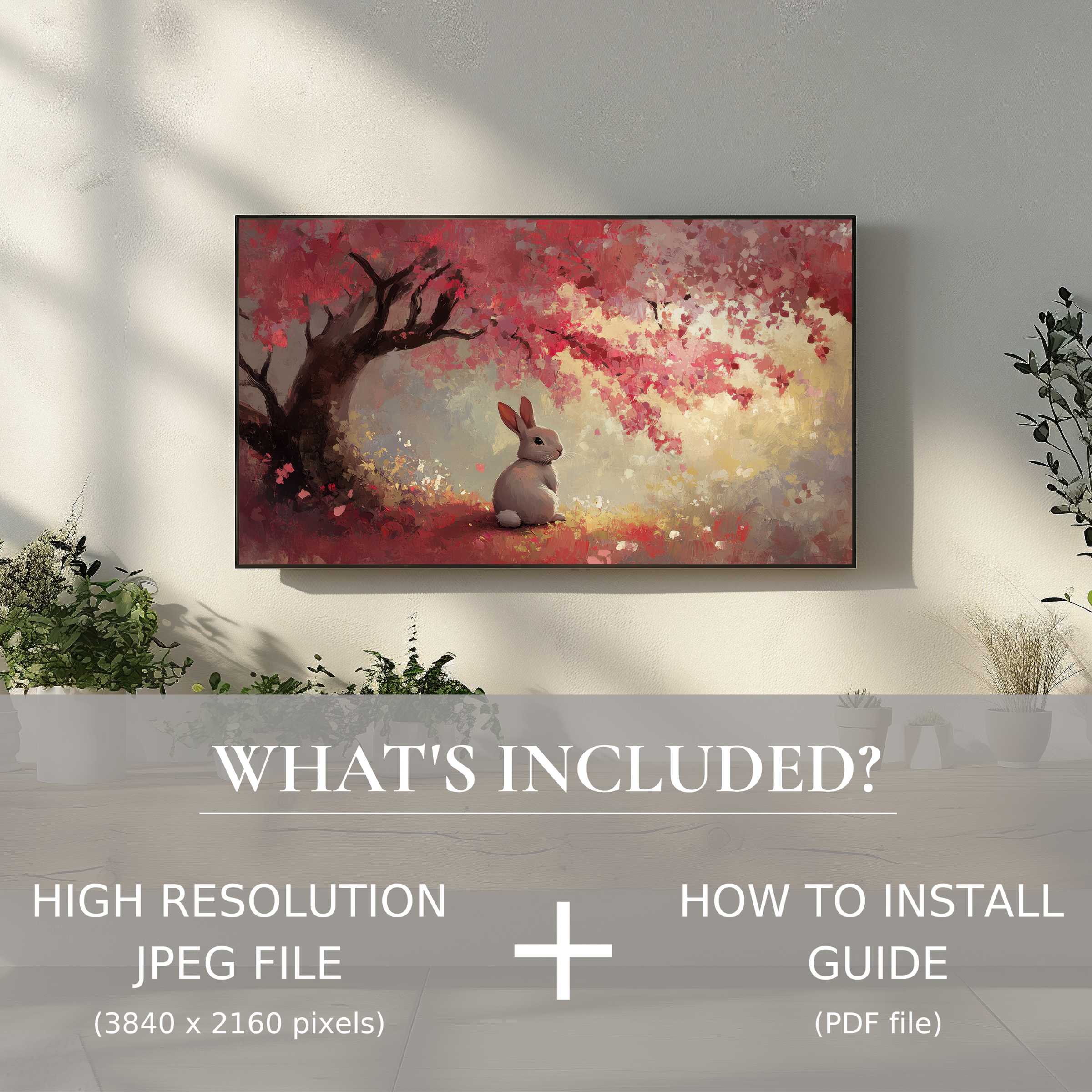 Elegant easter digital TV art download of a bunny under cherry blossoms, easy to use, enhances modern living spaces