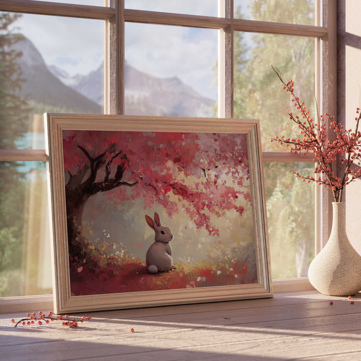 Easter downloadable art capturing a serene bunny beneath blooming cherry blossoms, perfect for tranquil, curated interiors