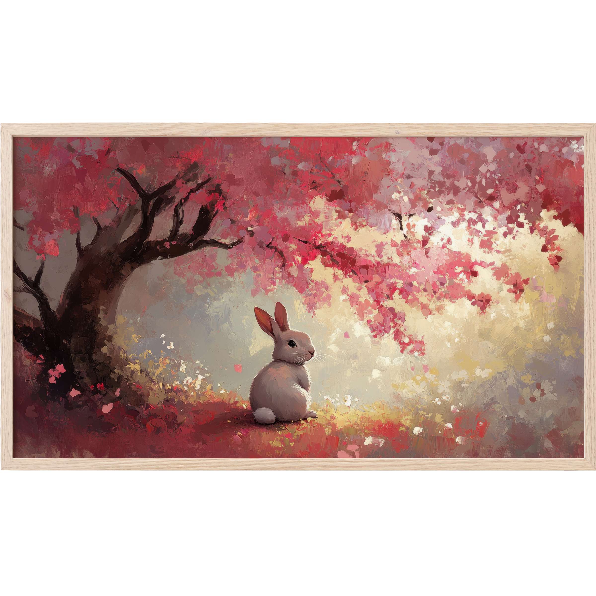 Easter Frame TV Art with soft pastel hues, a peaceful rabbit, and vibrant pink blossoms in a modern impressionist style