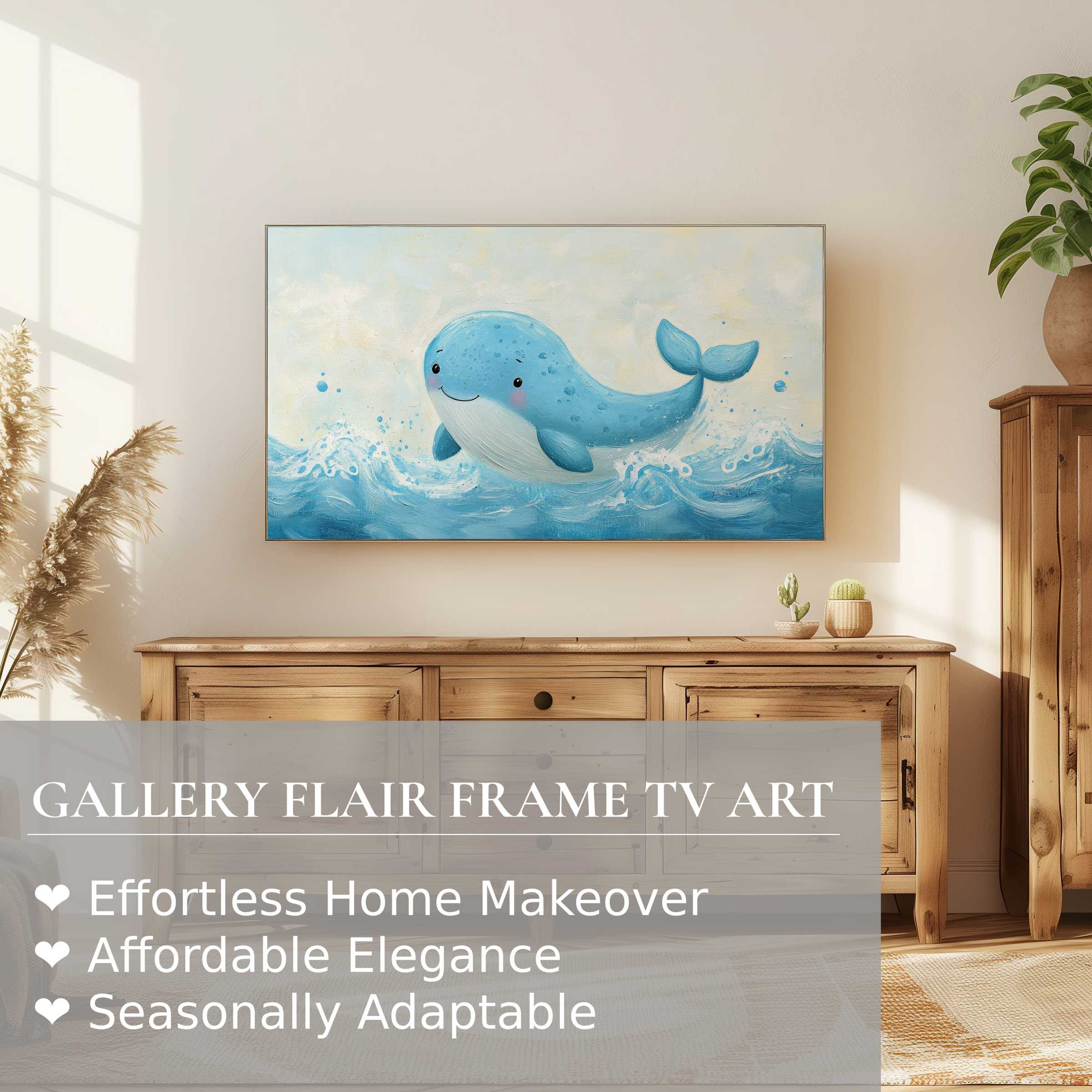 Modern nursery digital artwork of a playful whale on Samsung Frame TV in warm, stylish wood setting for refined decor