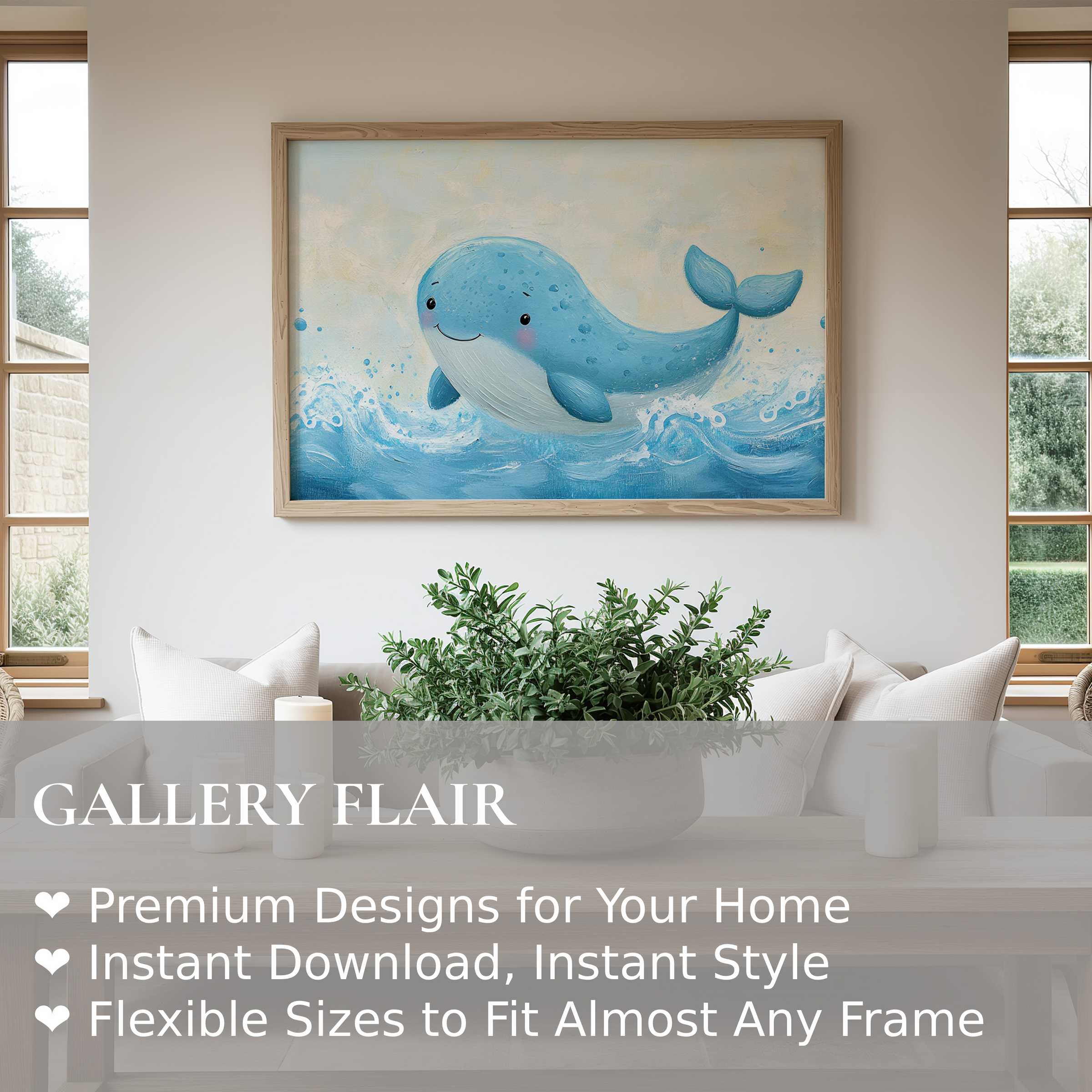 Nursery wall art print featuring a radiant, playful blue whale in gentle ocean waves, enhancing serene modern nursery decor