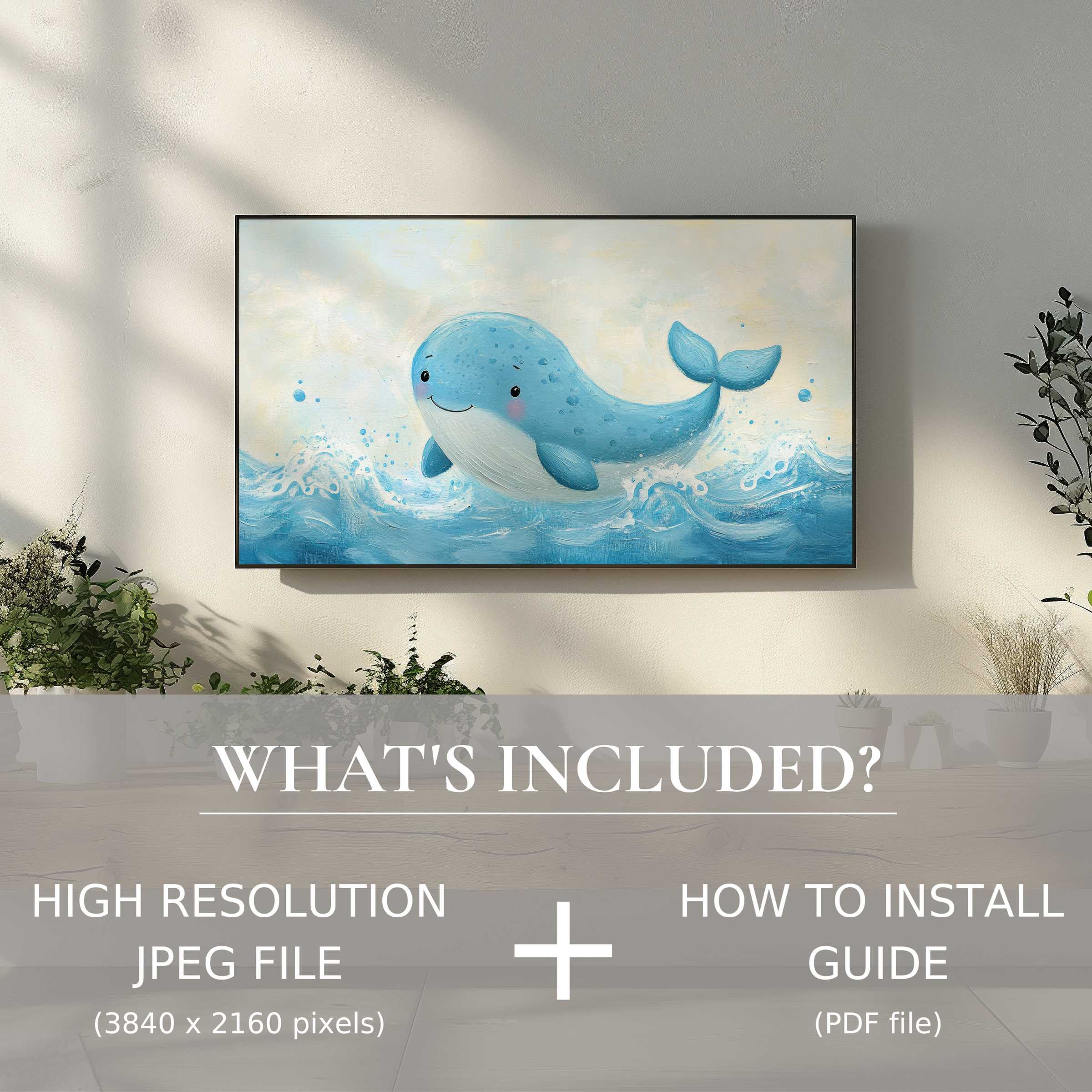 Charming nursery digital TV art download featuring a playful whale; easily elevates any modern living space