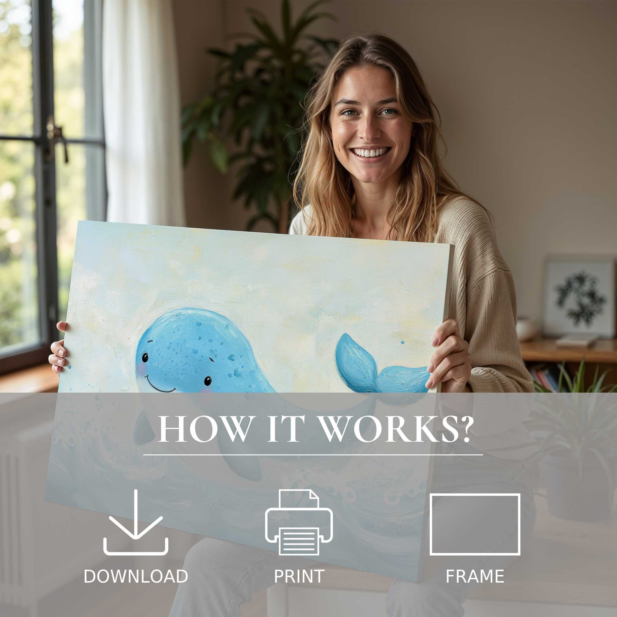Joyful moment in a modern home embracing a nursery digital art print, blending serene blues with effortless elegance