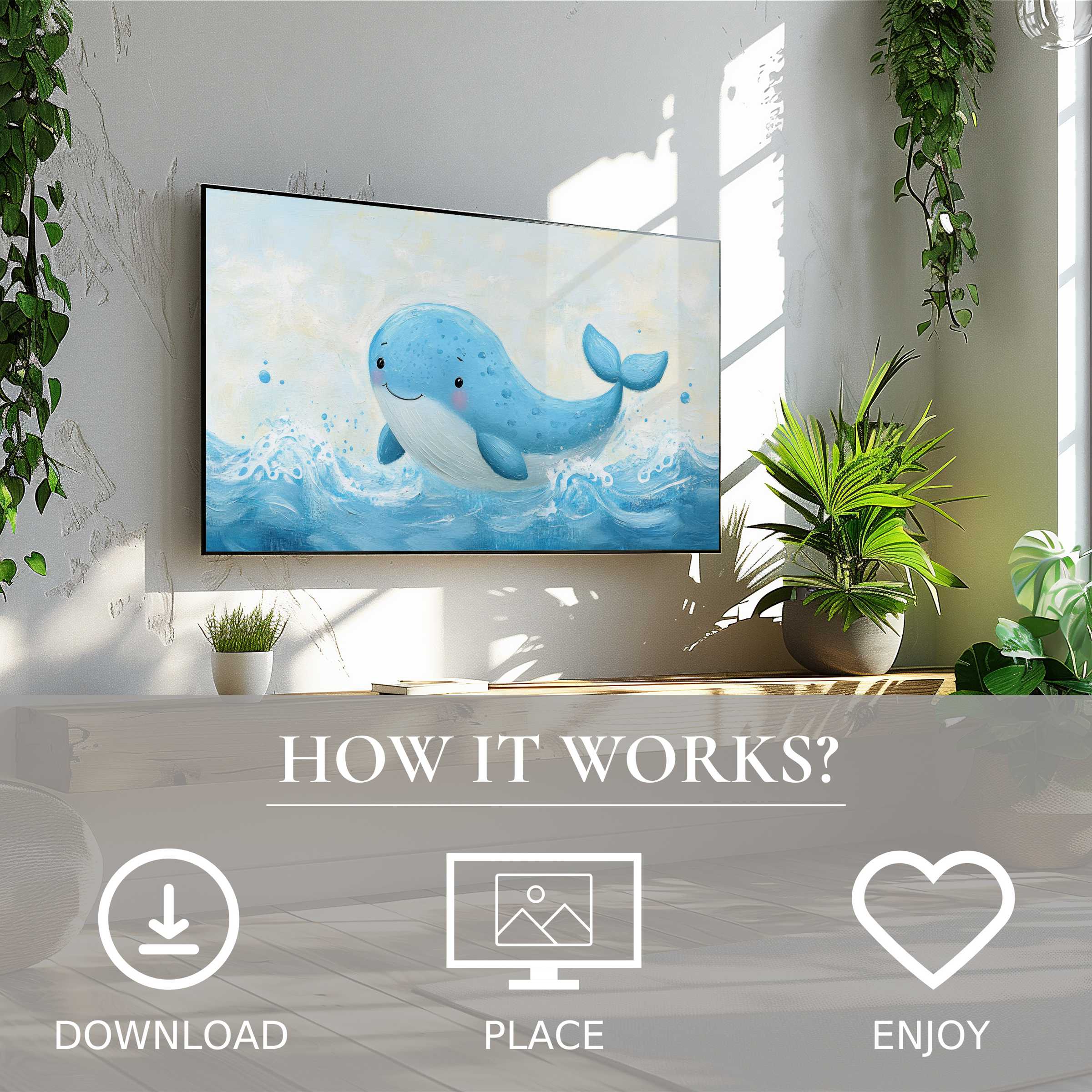 Nursery art for Samsung TV showing a playful blue whale in waves, easy digital download enriching any modern space