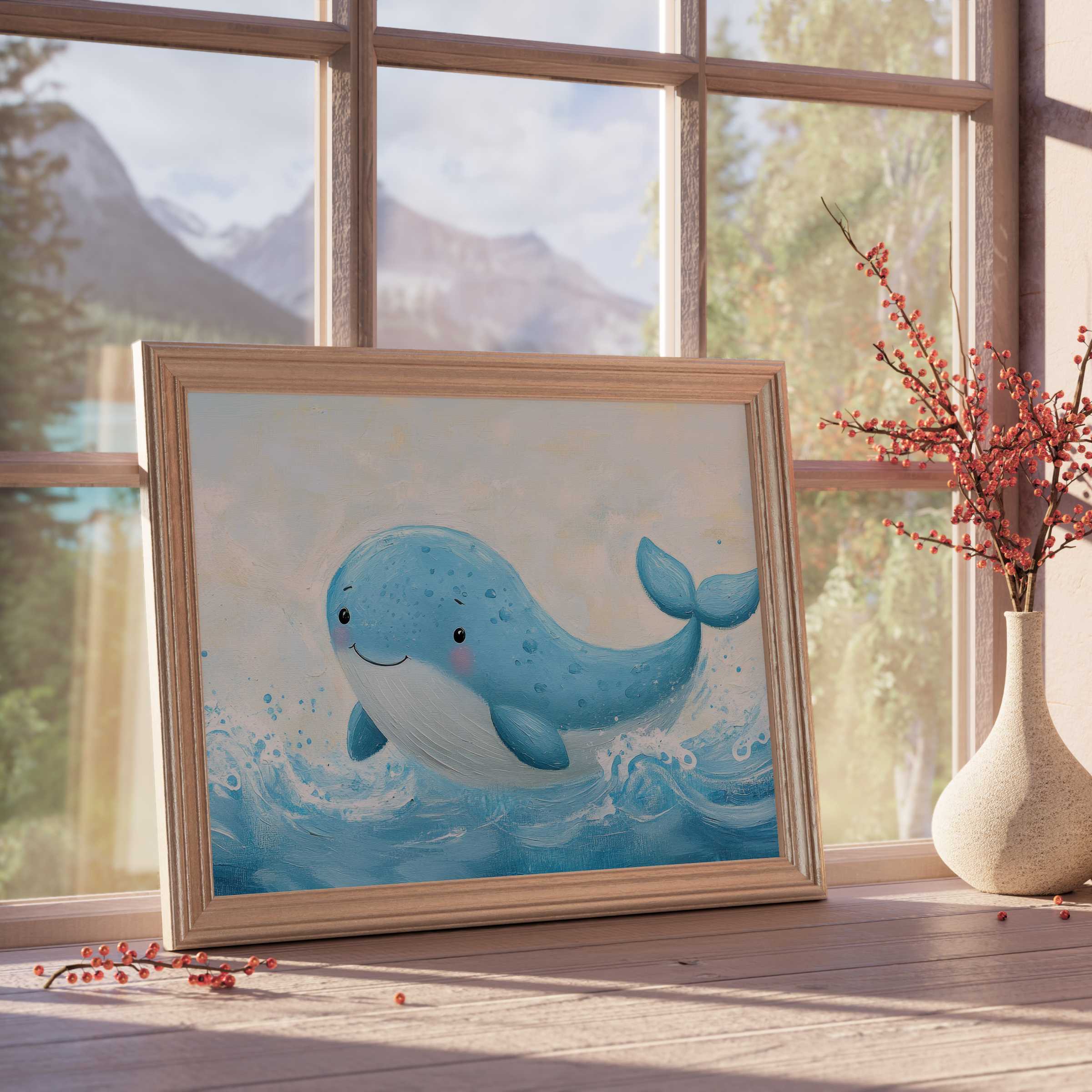 Nursery downloadable art featuring a joyful blue whale, adding a calming, whimsical touch to curated, serene spaces