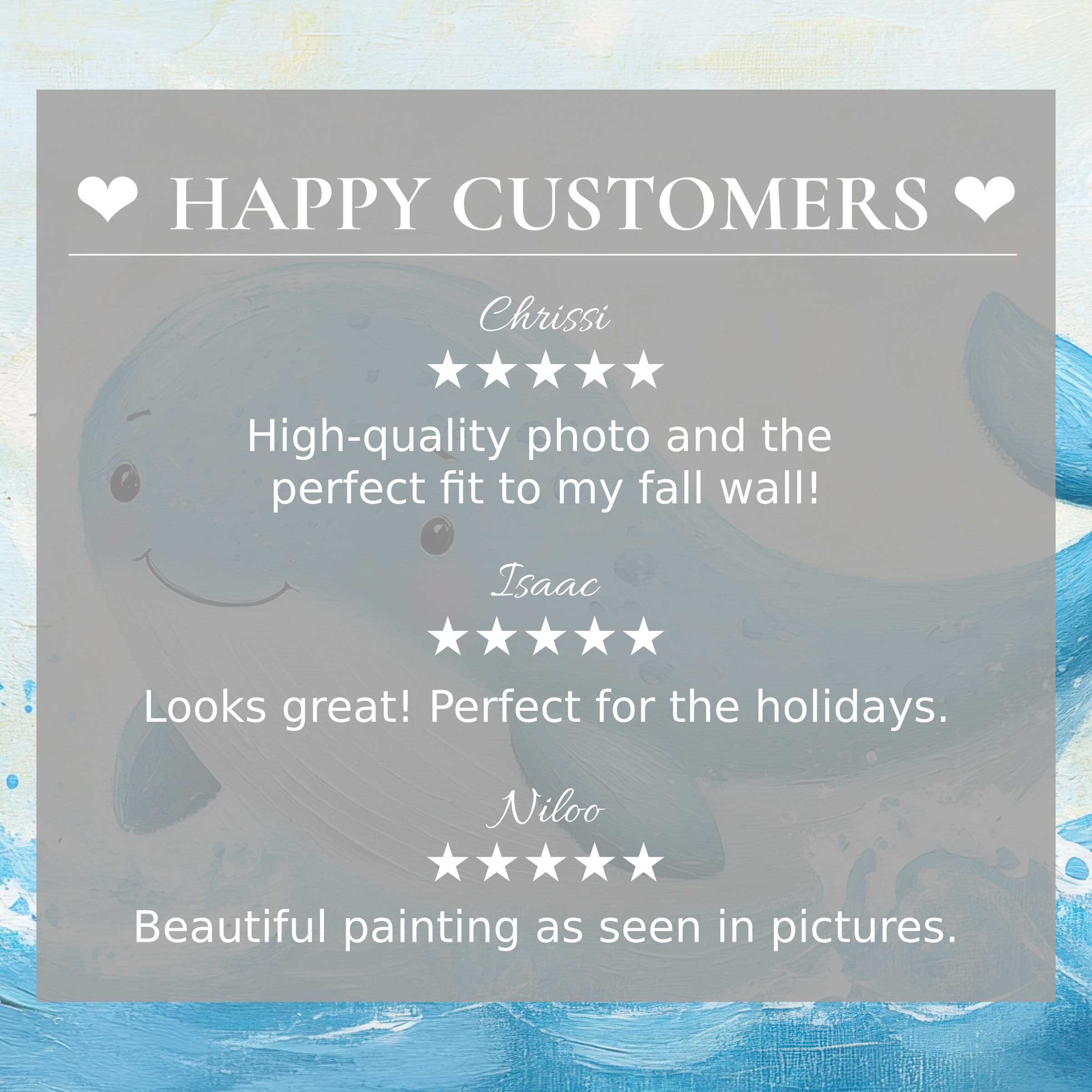 Nursery art for Frame TV with abstract blue whale background, showing happy customer reviews and elegant design appeal