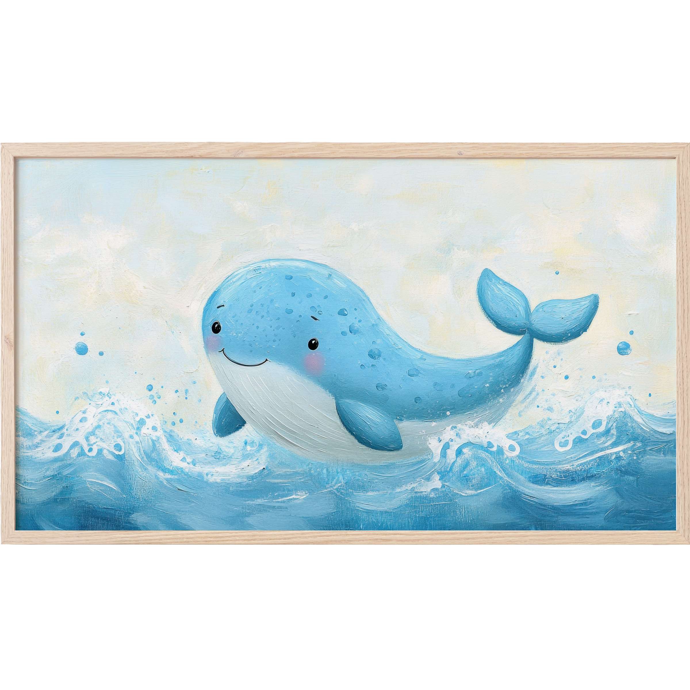 Charming blue whale amid soft ocean waves in pastel hues, a delightful nursery Frame TV Art piece