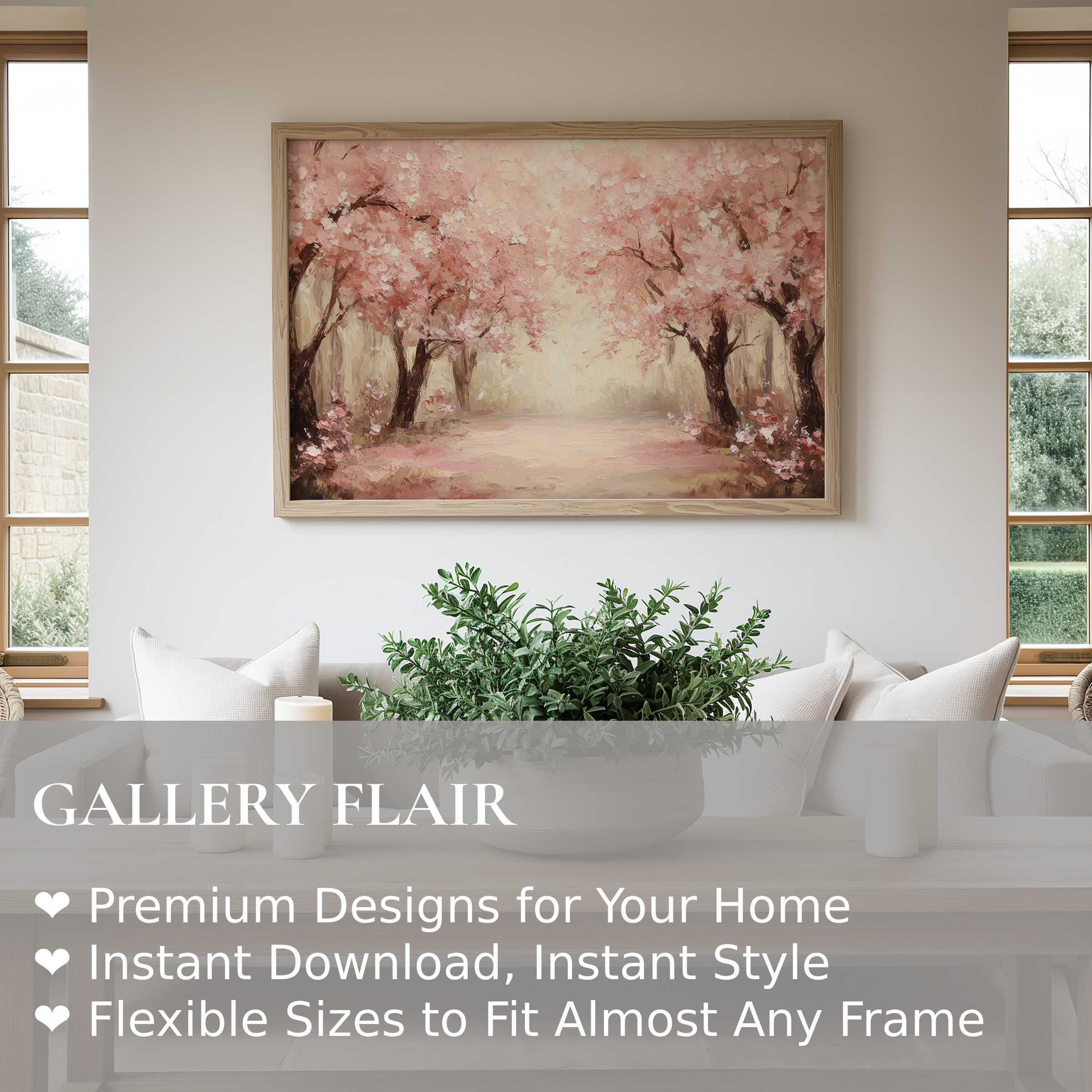 Elegant spring wall art print featuring radiant cherry blossoms in soft pink hues, enhancing serene, modern living spaces with calming floral beauty