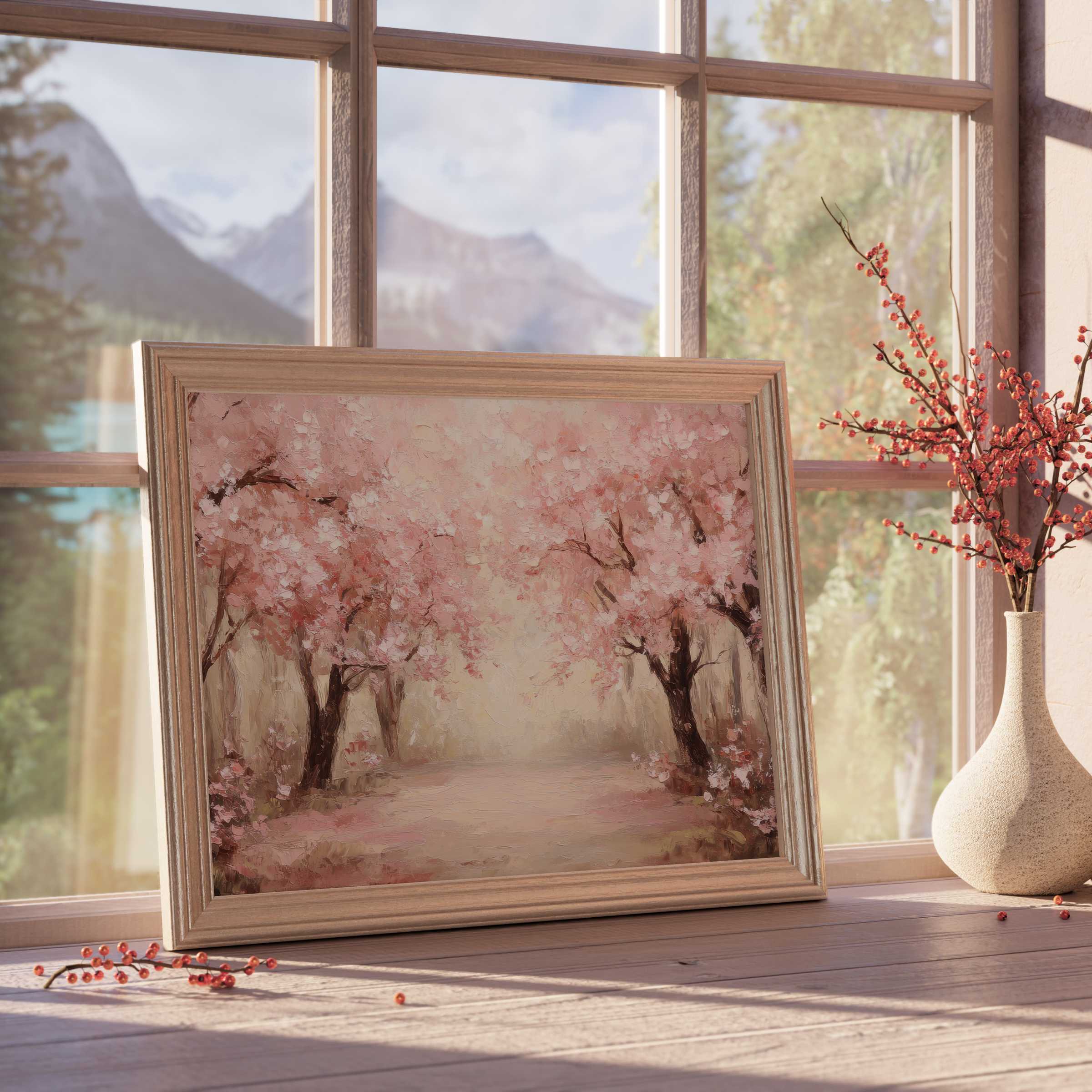 Spring downloadable art capturing a serene cherry blossom path in soft pink hues, elevating tranquil, refined interiors with timeless elegance