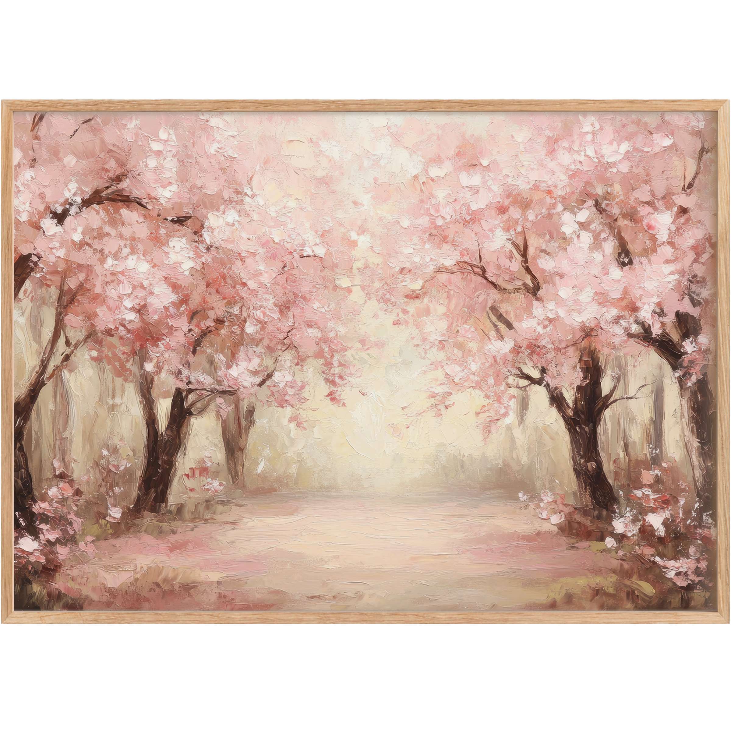 Blush pink blossoms arch gracefully in radiant spring printable wall art, evoking serene elegance and gentle renewal