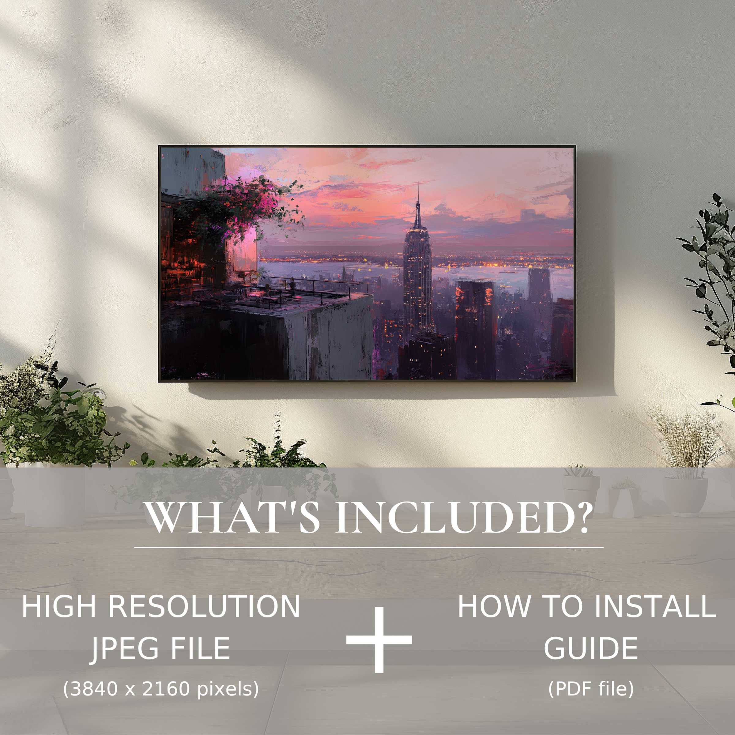 Elegant urban digital TV art download showcasing a vibrant cityscape, enhancing interiors with effortless digital style
