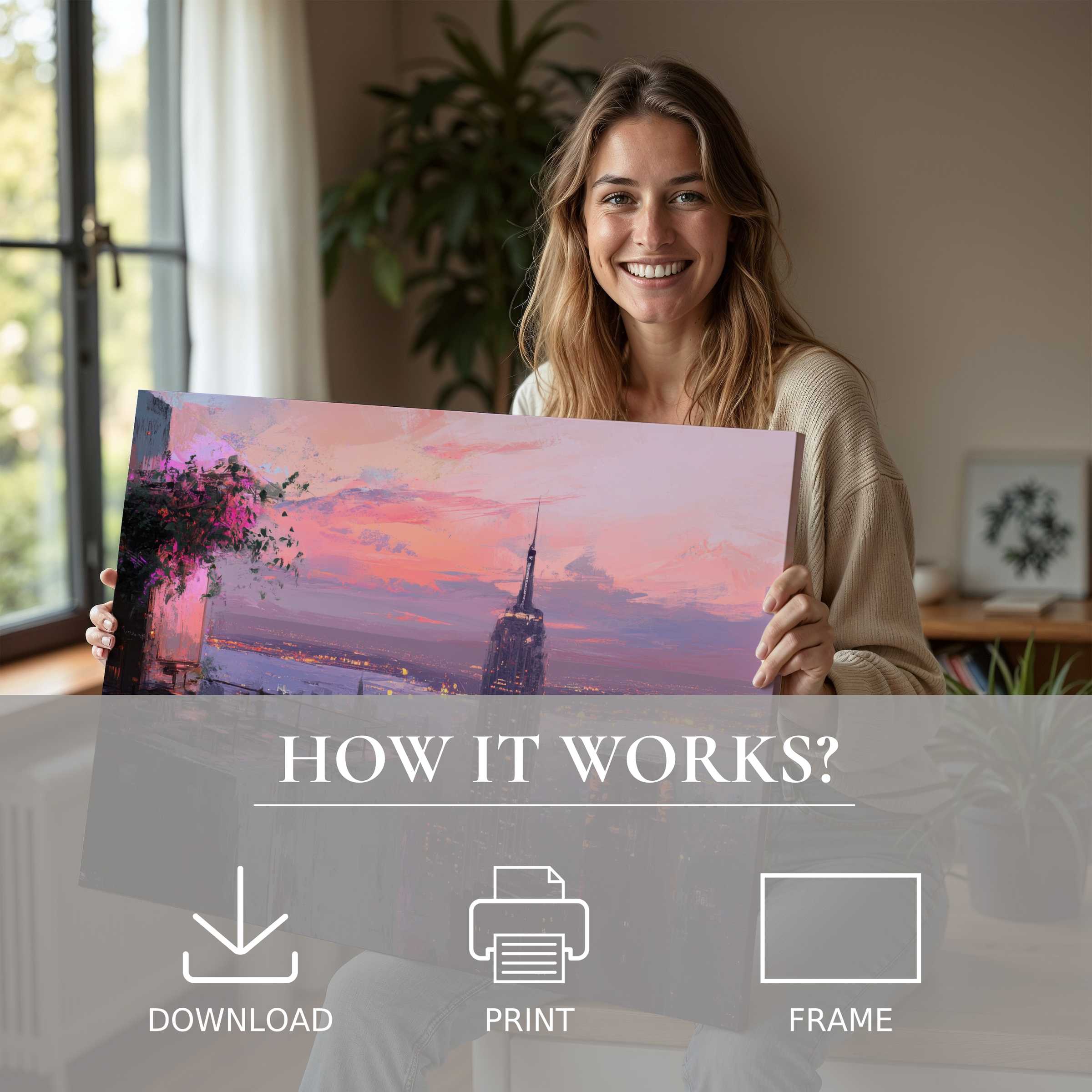 Radiant urban digital art print bringing serene sunset hues into a modern home, illuminating joy and effortless style