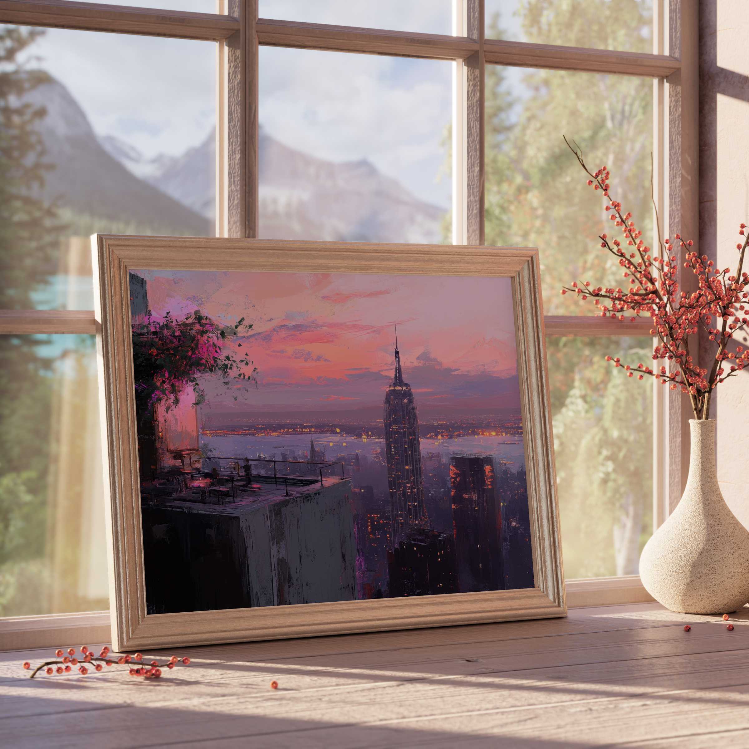 Urban downloadable art capturing New York’s twilight skyline, infusing vibrant pink hues and calm ambiance into curated, stylish interiors