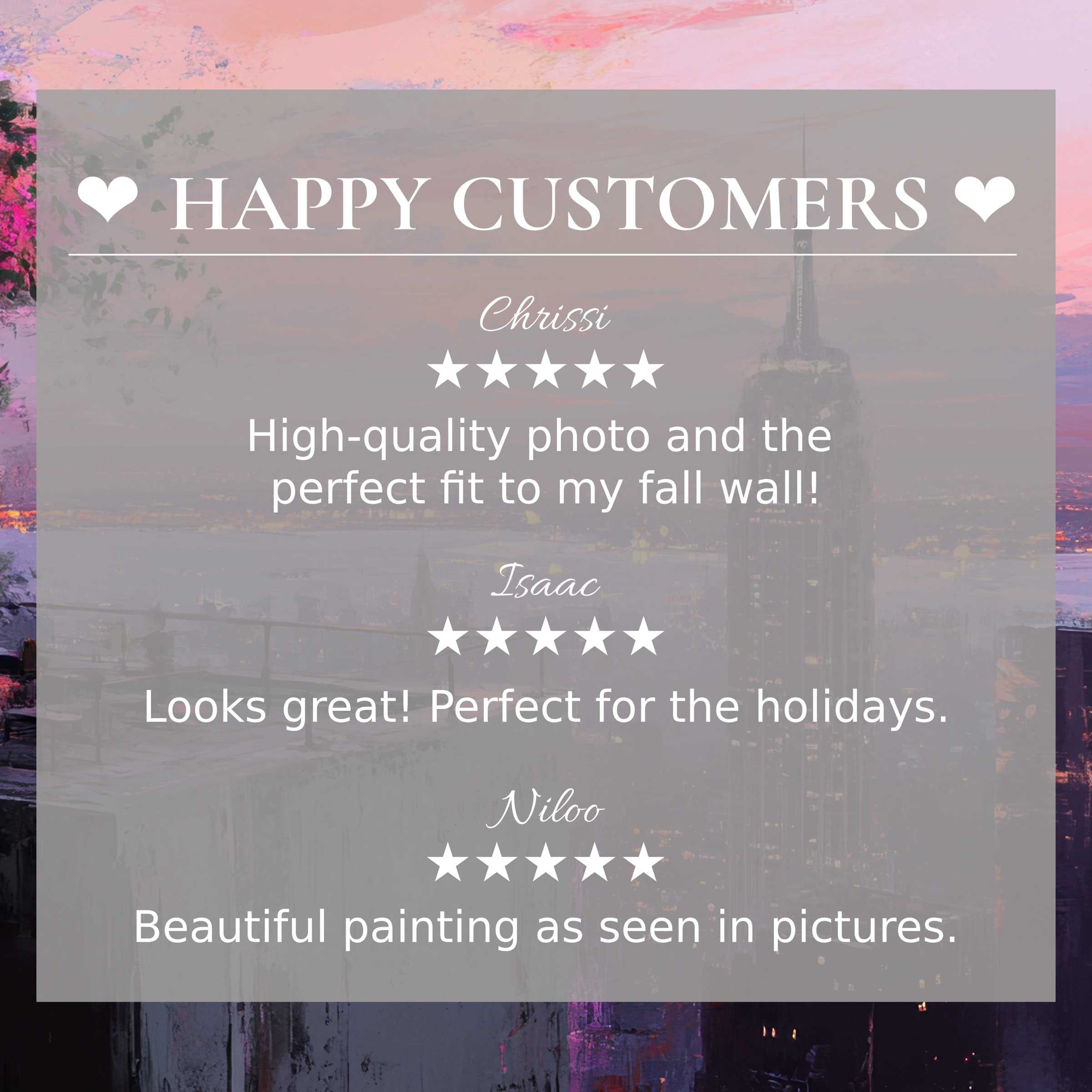 Urban art for Frame TV with abstract sunset colors, showcasing happy customer reviews and elegant style trust