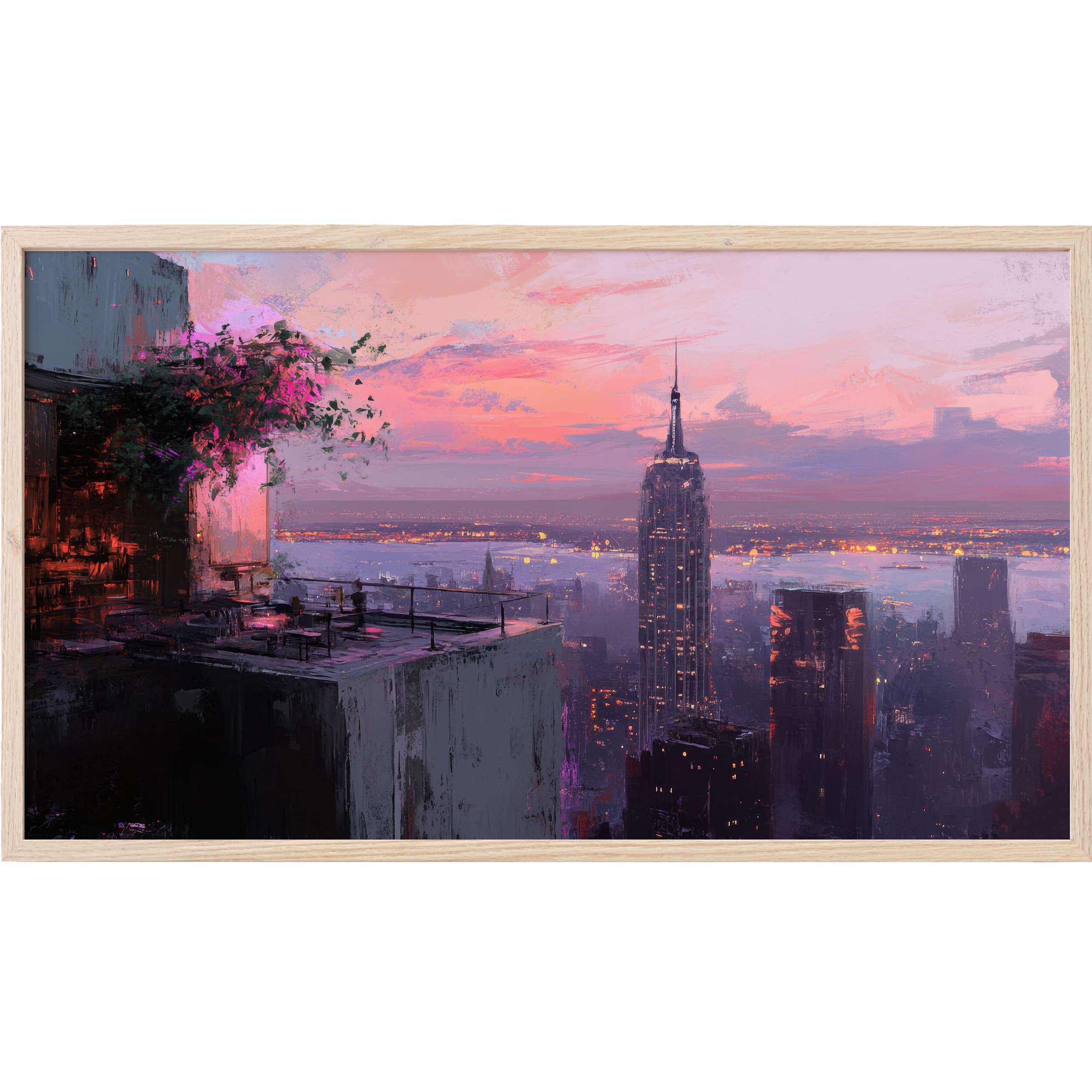 Urban Frame TV Art captures a dreamy cityscape at dusk with soft pinks, purples, and dark contrasts
