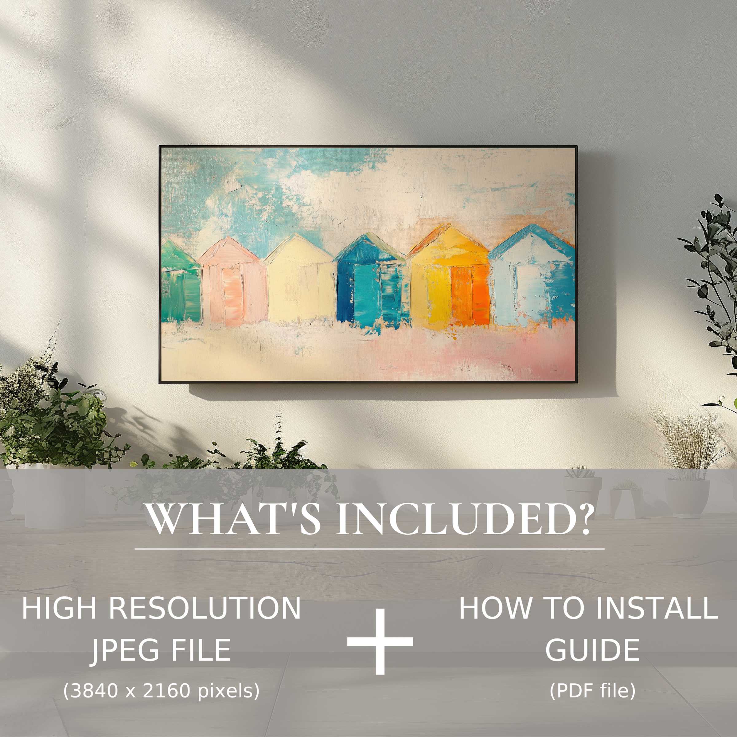 Elegant beach digital TV art download with easy digital use, enhancing modern living spaces with vibrant coastal charm