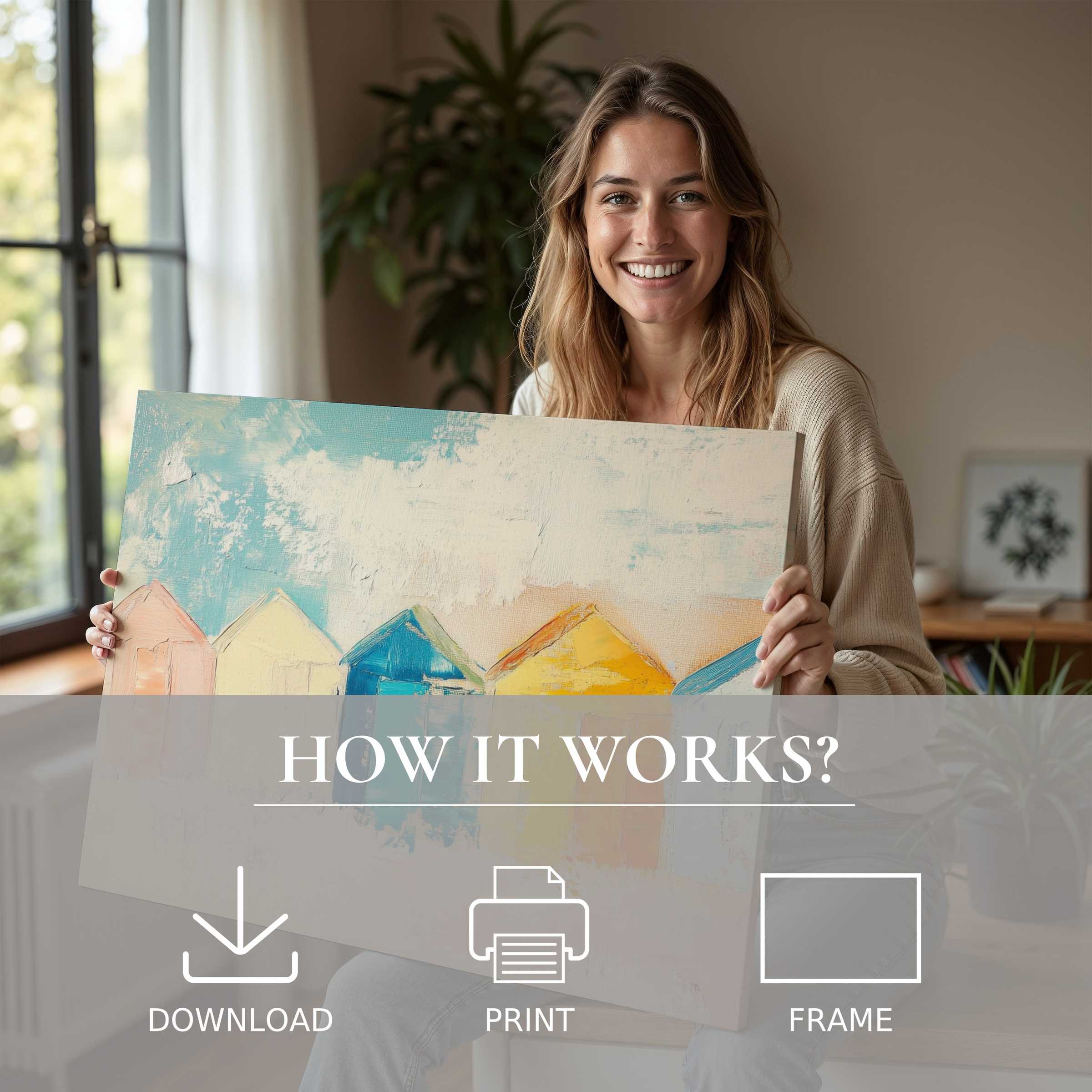A serene moment embracing beach digital art print in soft, airy hues, transforming modern living with effortless elegance