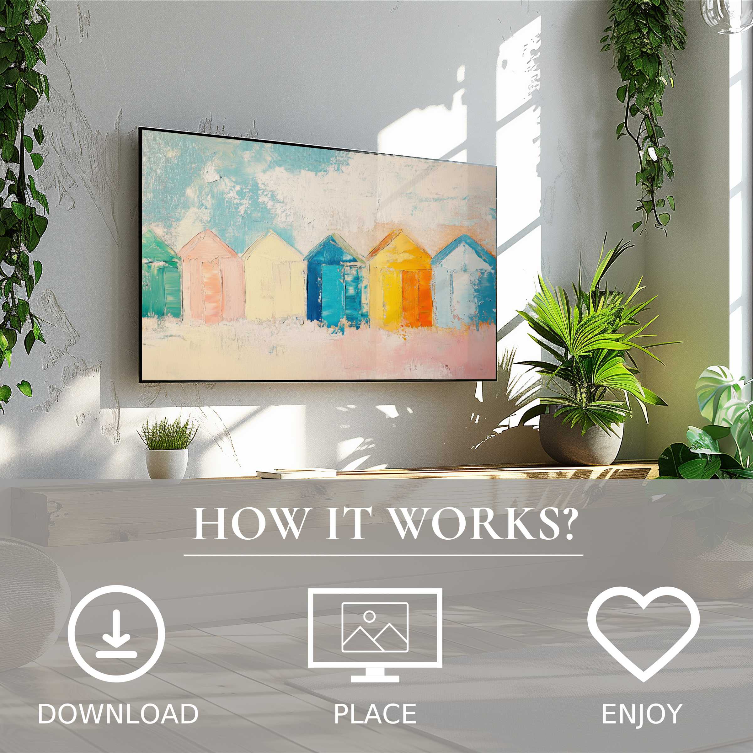 Modern living room with easy digital download beach art for Samsung TV; pastel beach huts brighten space