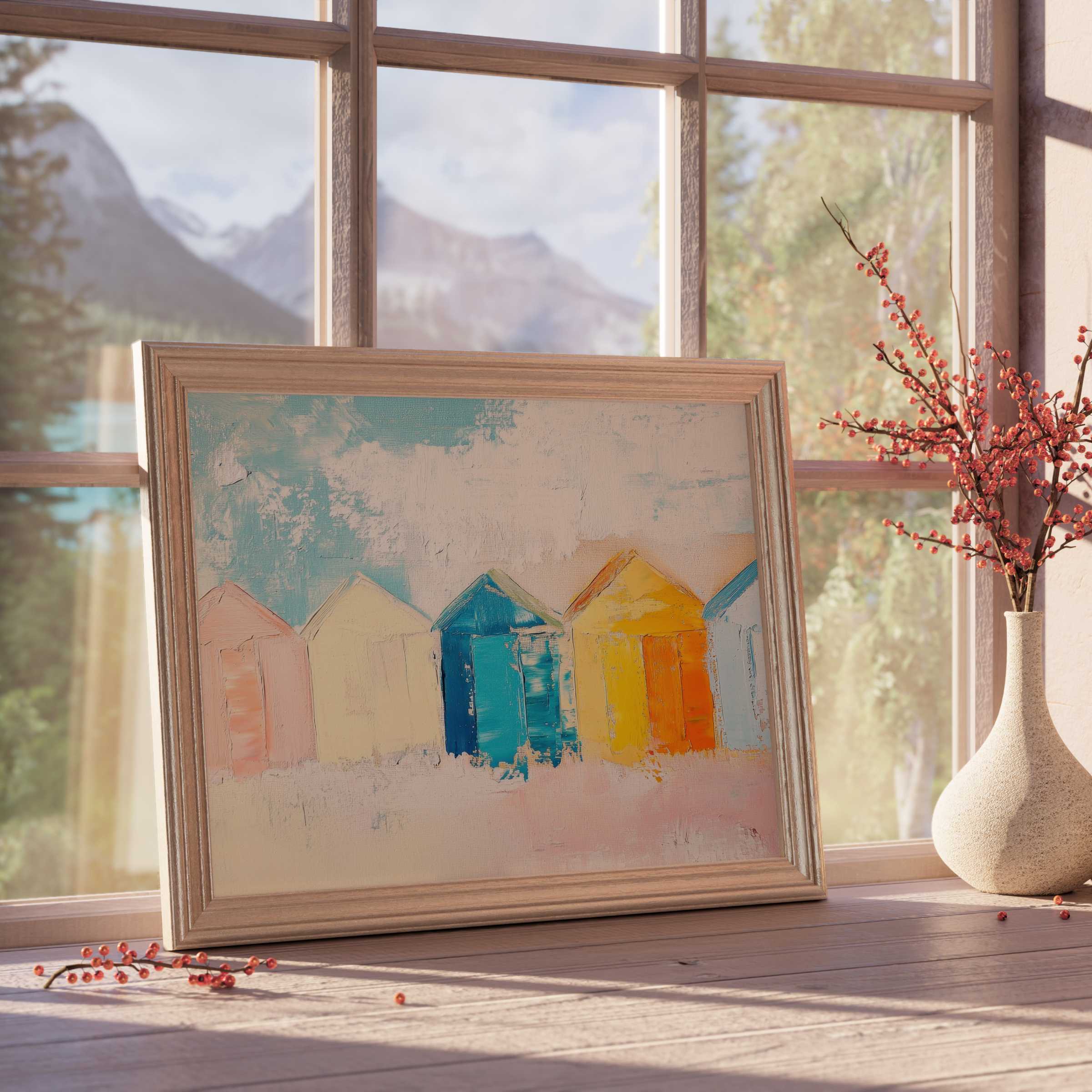 Serene beach downloadable art featuring pastel beach huts, evoking calm coastal charm for stylish, curated interiors