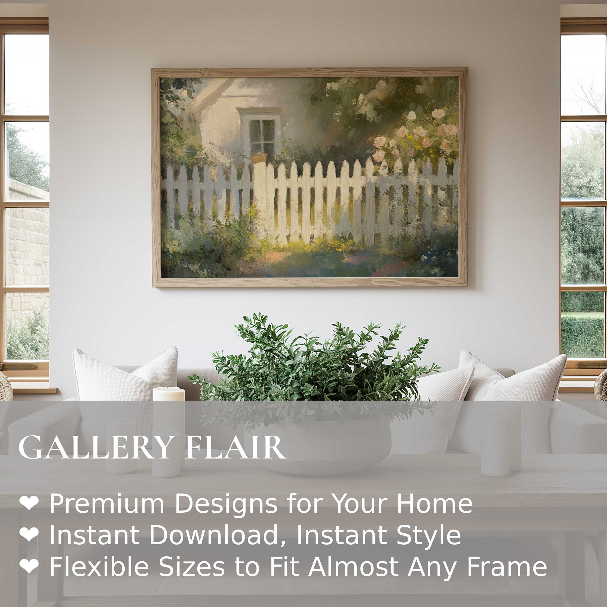 Farmhouse wall art print of a sunlit white picket fence with blooming roses, enhancing a serene modern rustic living space
