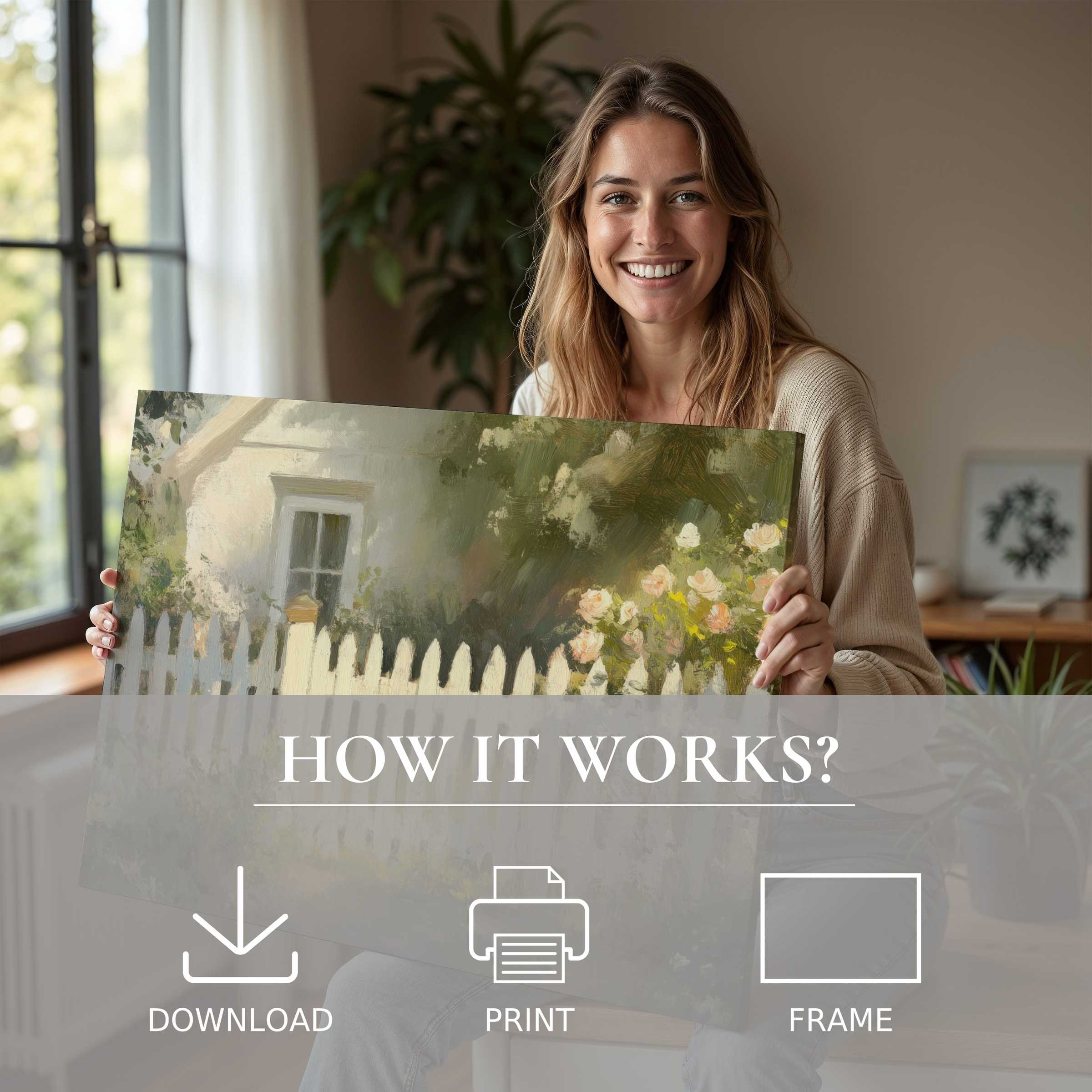 Radiant farmhouse digital art print embraced in a luminous modern home, evoking warmth and effortless elegance