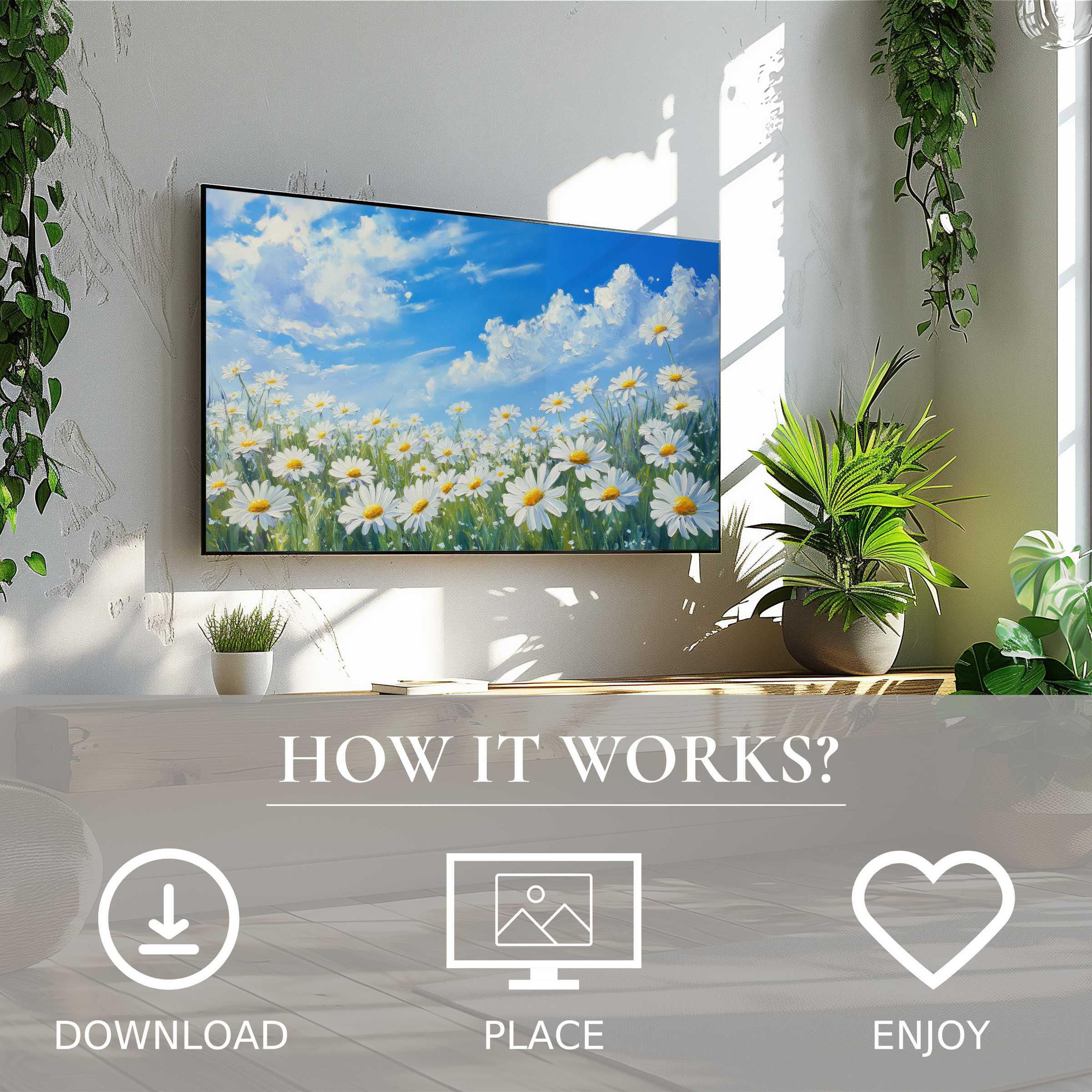 Bright floral art for Samsung TV shows daisies under a blue sky, easy digital download enriches modern living spaces