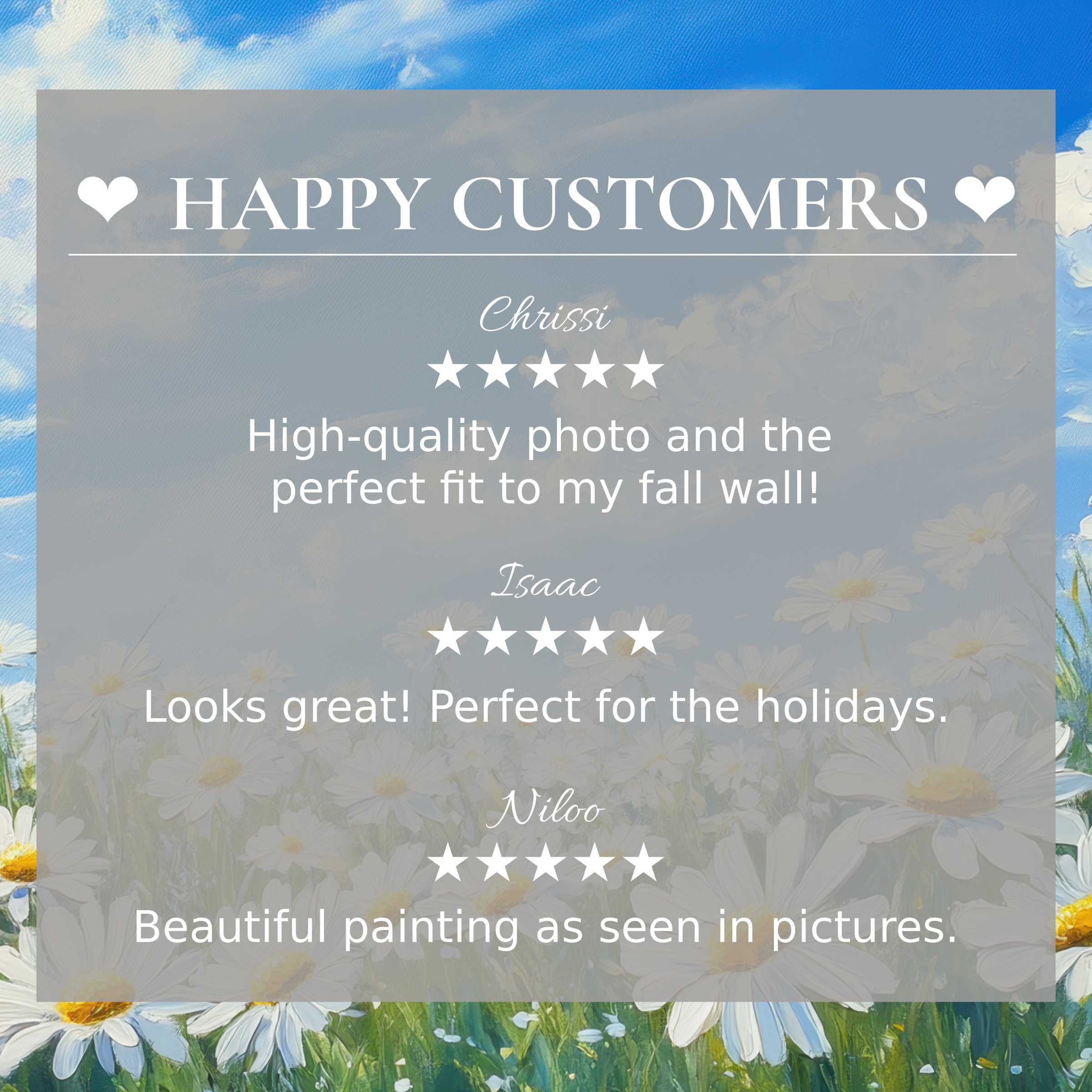 Floral art for Frame TV with daisies and sky background, showcasing elegant design and happy customer reviews