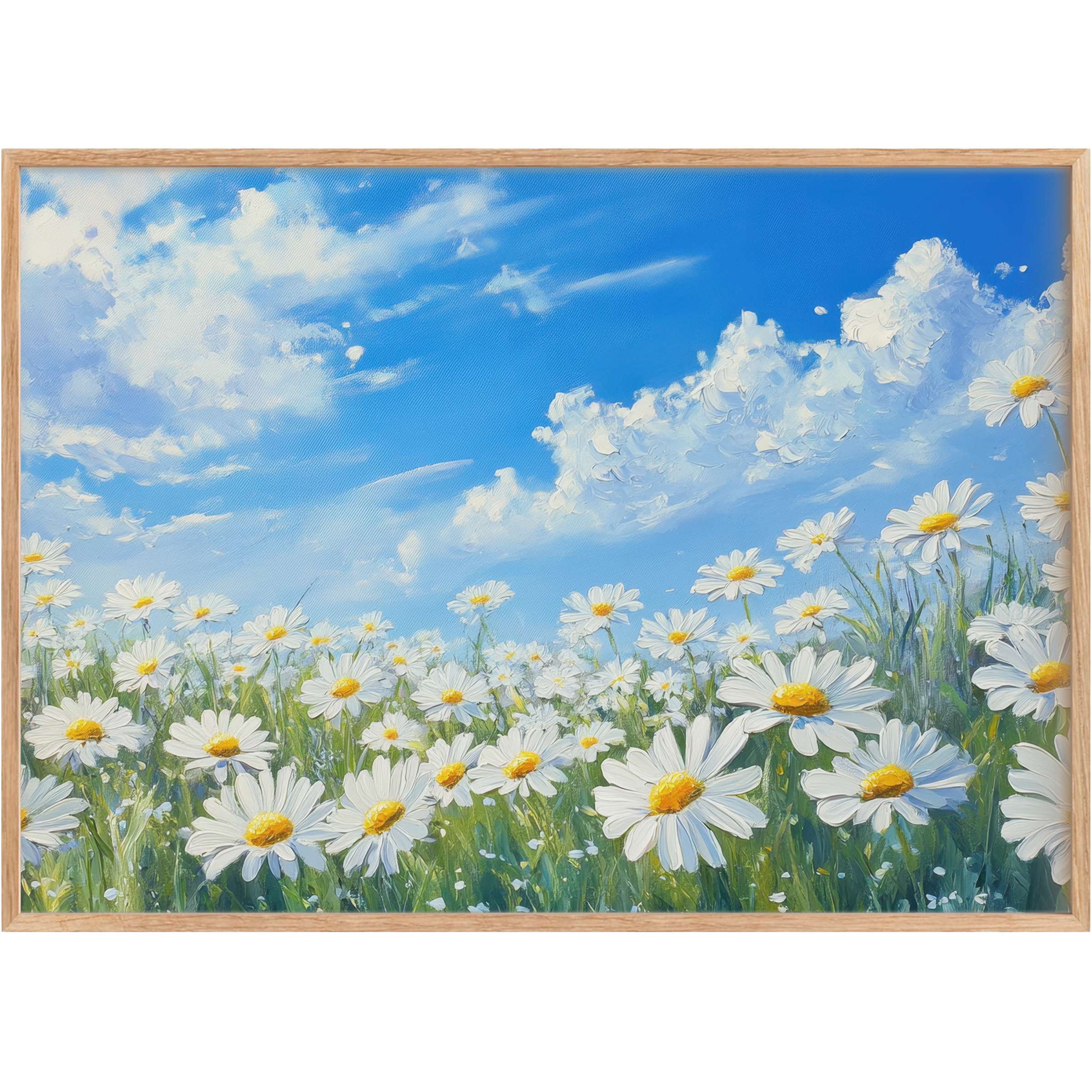 Radiant floral printable wall art featuring sunlit daisies under a serene cerulean sky, evoking fresh, uplifting tranquility