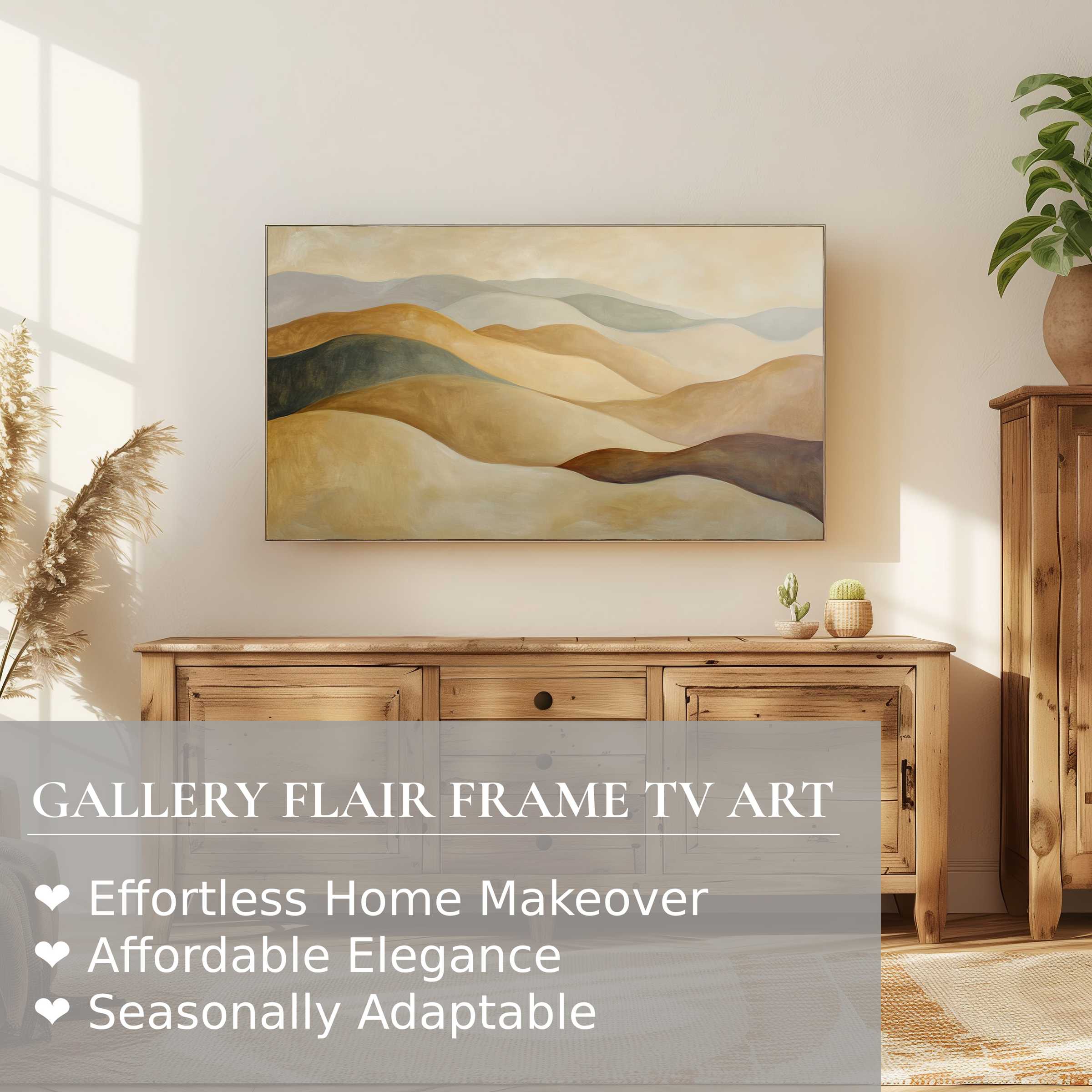 Elegant neutral digital artwork of soft hills on Samsung Frame TV, enhancing warm modern spaces with refined style