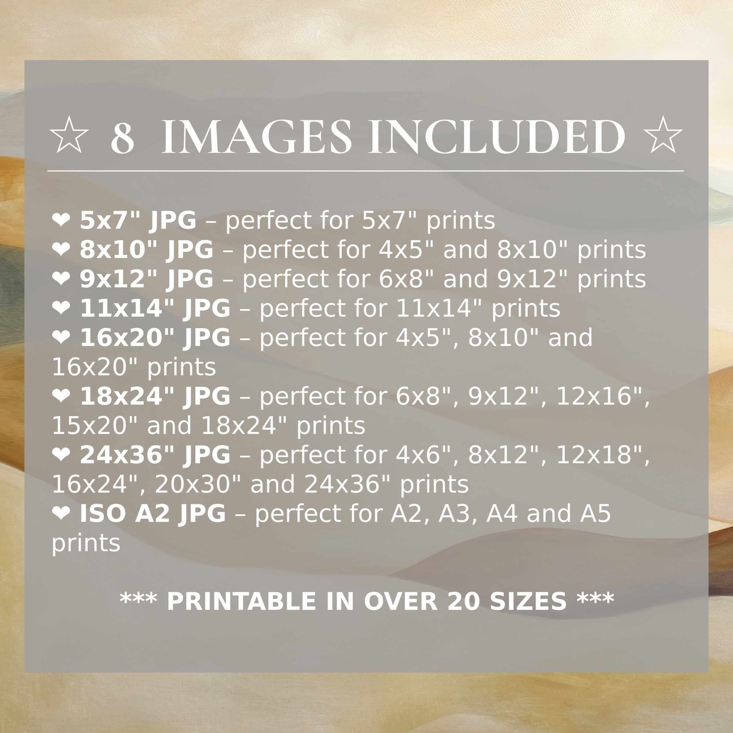 Neutral digital print in warm beige and soft gray tones evokes calming elegance, included in 8 high-quality sizes to elevate modern interiors with versatile style